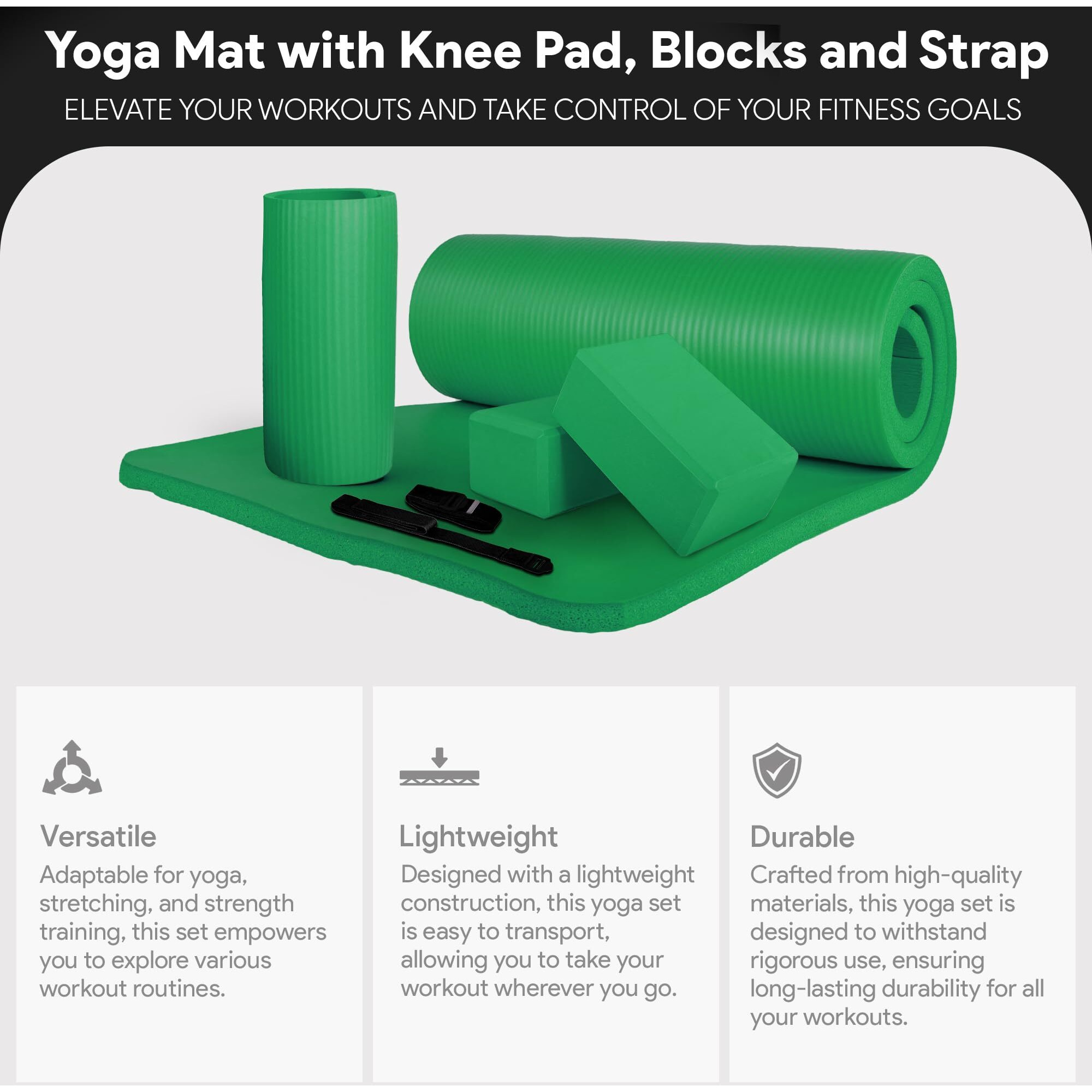 Balancefrom All-Purpose 71"" X 24"" X 1-Inch Extra Thick High Density Anti-Tear Exercise Yoga Mat  Knee Pad With Carrying Strap & 2 Yoga Blocks  Green