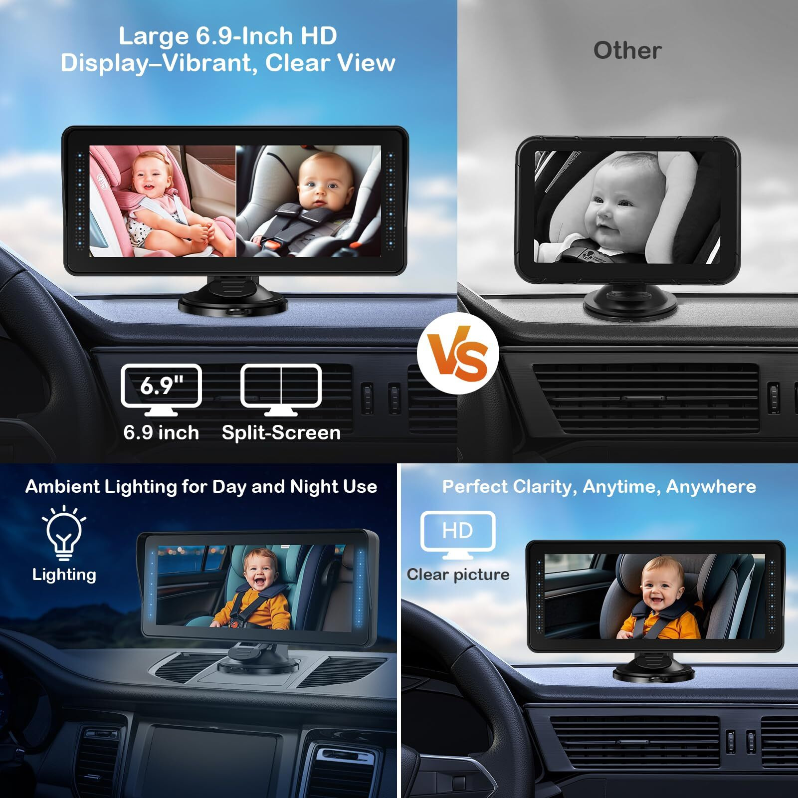 Dual Baby Car Camera For 2 Kids - 6.9Hd Display With Ambient Lighting  Rotatable Night Vision Cameras  Easy Setup  Ideal For Parents  Grandparents  Nannies  Safe & Clear Viewing