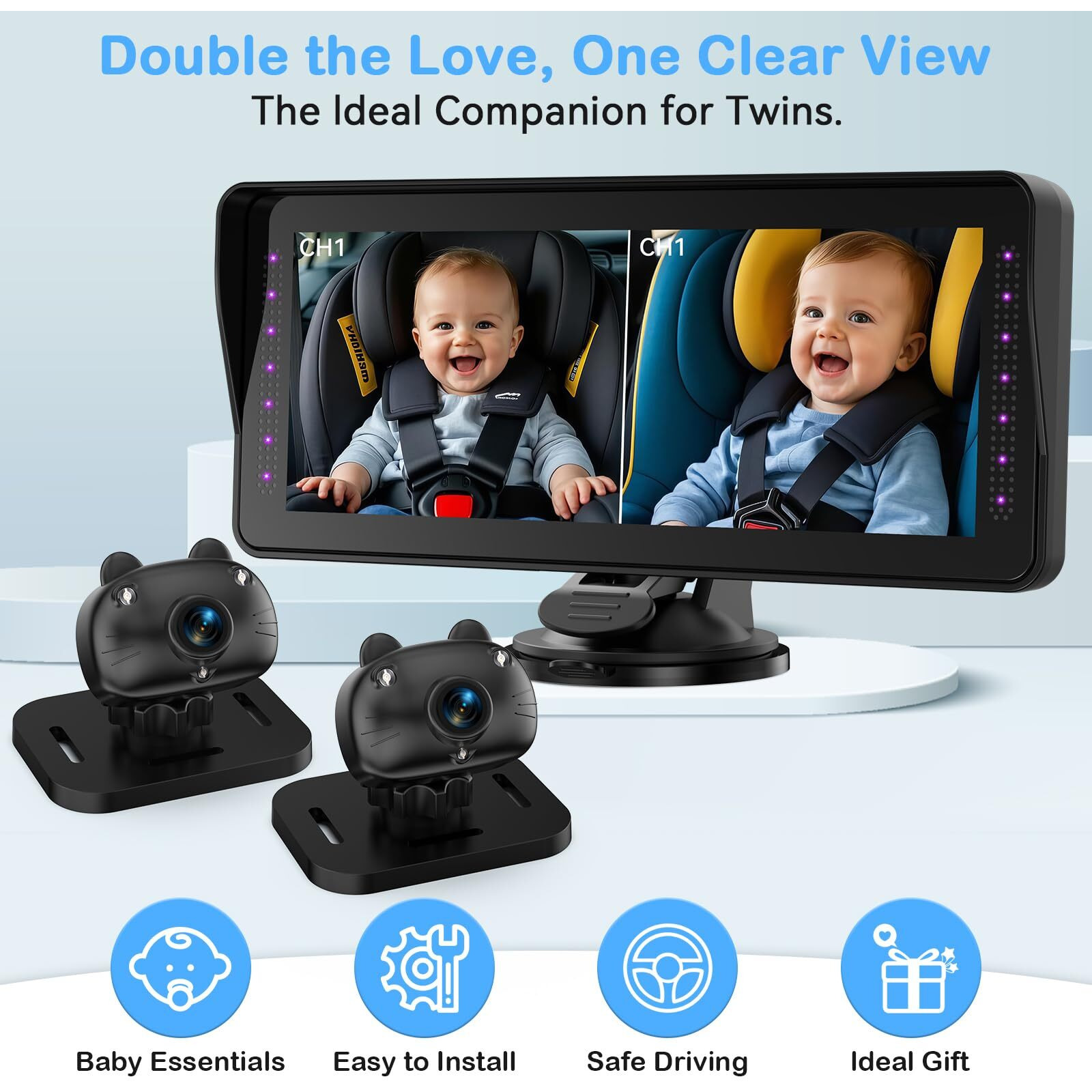Dual Baby Car Camera For 2 Kids - 6.9Hd Display With Ambient Lighting  Rotatable Night Vision Cameras  Easy Setup  Ideal For Parents  Grandparents  Nannies  Safe & Clear Viewing