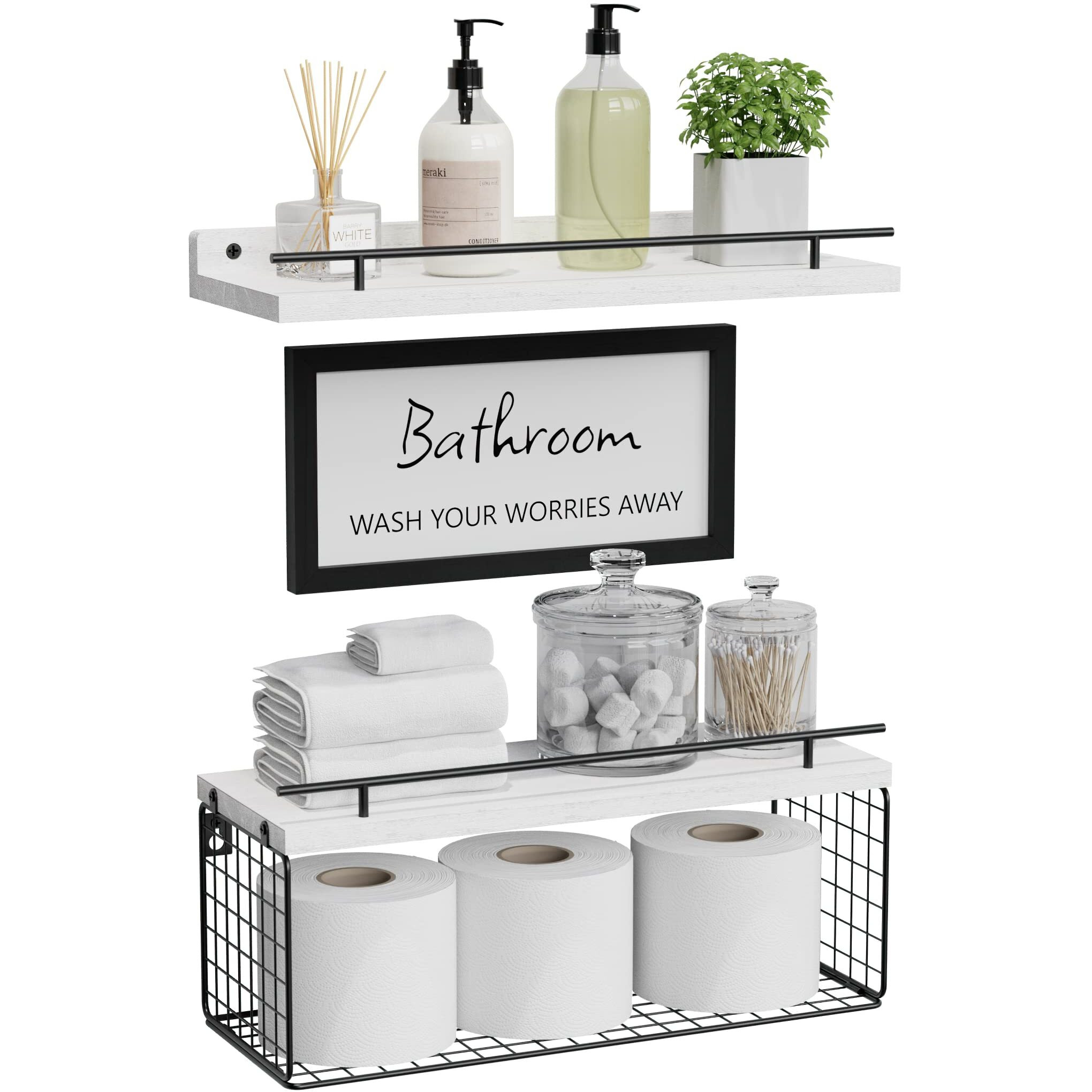 Wopitues Floating Shelves For Bathroom Wall Decor Sign  Bathroom Organizer And Storage  Bathroom Shelves Over Toilet With Metal Guardrail-Modern White