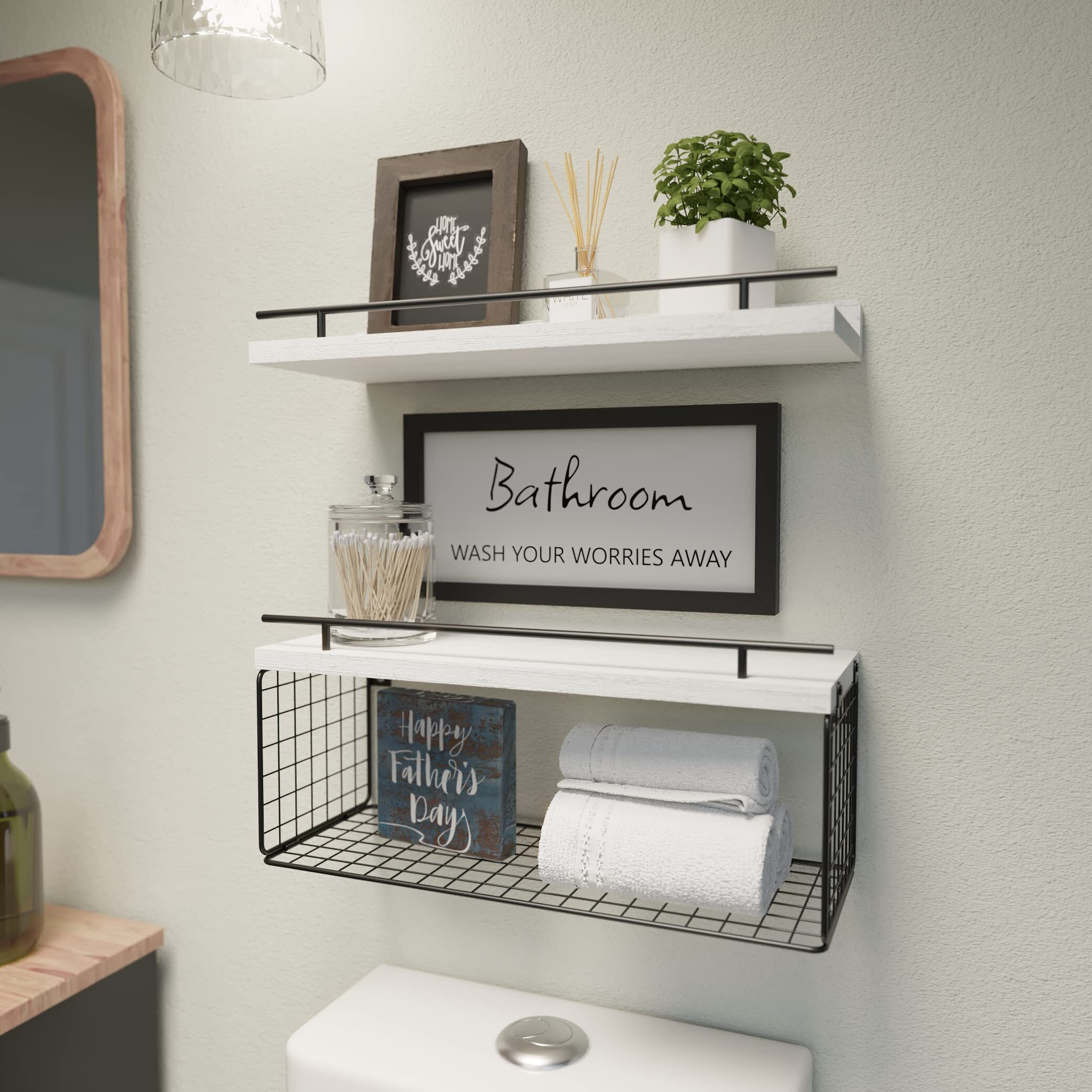 Wopitues Floating Shelves For Bathroom Wall Decor Sign  Bathroom Organizer And Storage  Bathroom Shelves Over Toilet With Metal Guardrail-Modern White
