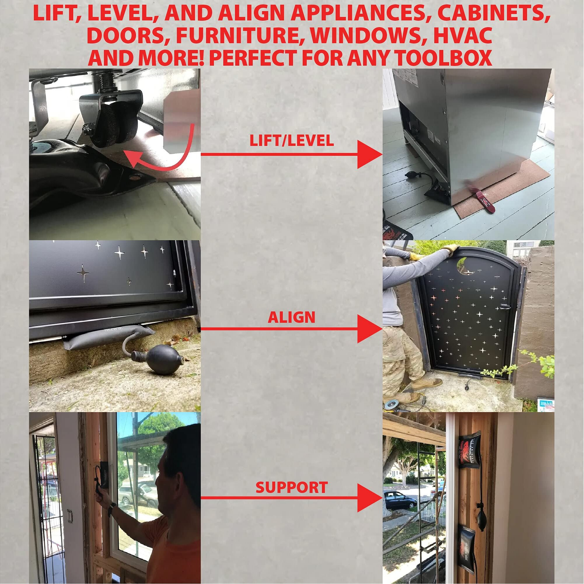 The Original Rhino Strong Commercial Grade Air Wedge Bag Pump Professional Leveling Kit & Alignment Tool Inflatable Shim Bag 3 Piece (Small  Medium  Large). 3 Sizes For All Of Your Individual Needs.