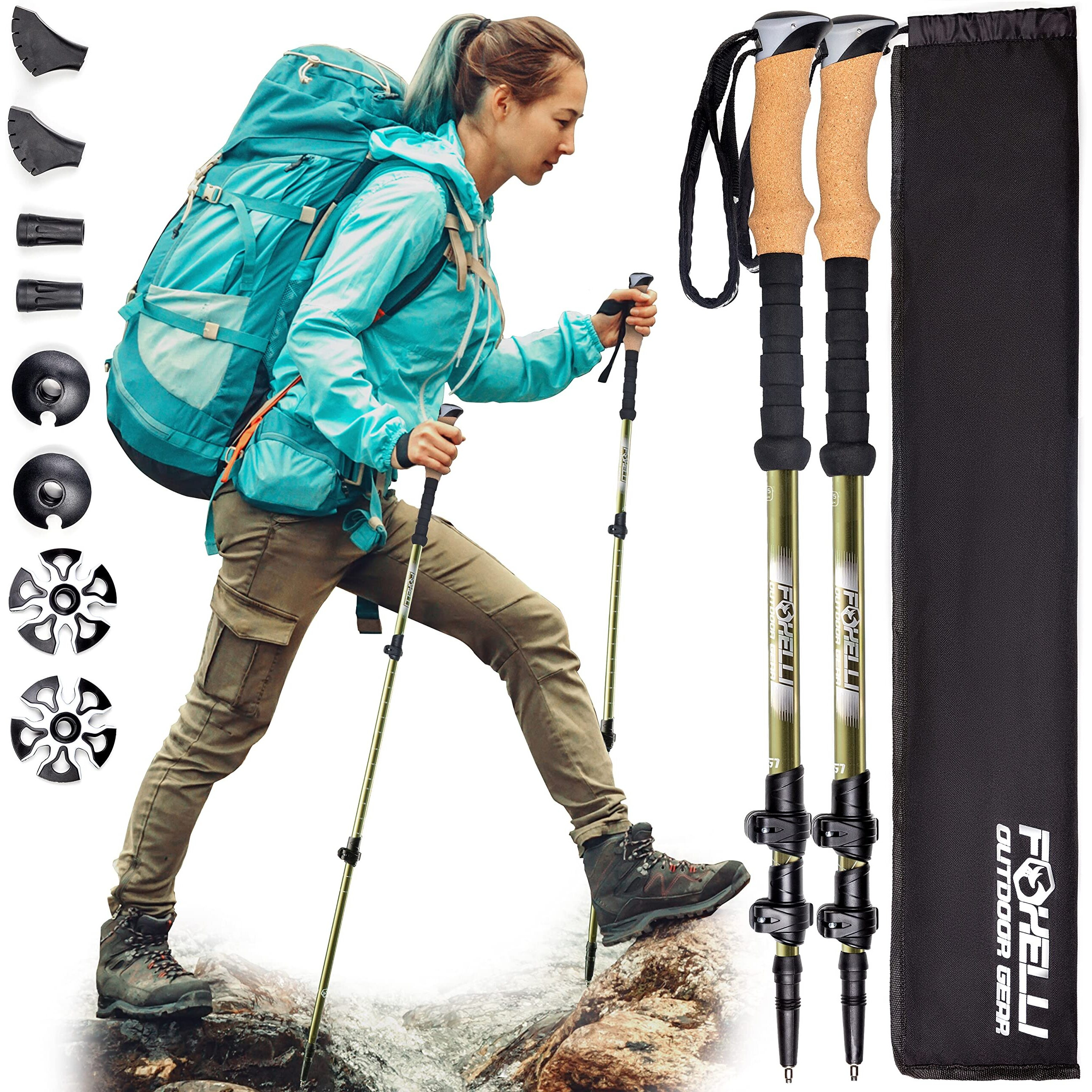 Foxelli Carbon Fiber Trekking Poles - Lightweight Collapsible & Shock-Absorbent Hiking Poles W/Cork Grips  Lever Locks & All Terrain Accessories