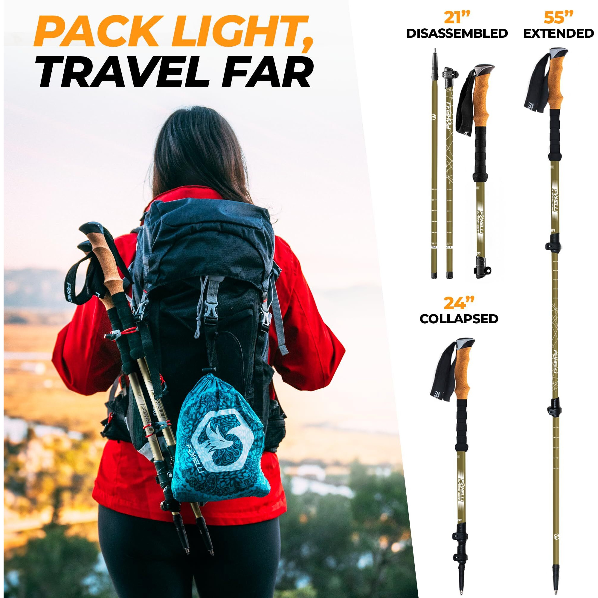 Foxelli Carbon Fiber Trekking Poles - Lightweight Collapsible & Shock-Absorbent Hiking Poles W/Cork Grips  Lever Locks & All Terrain Accessories