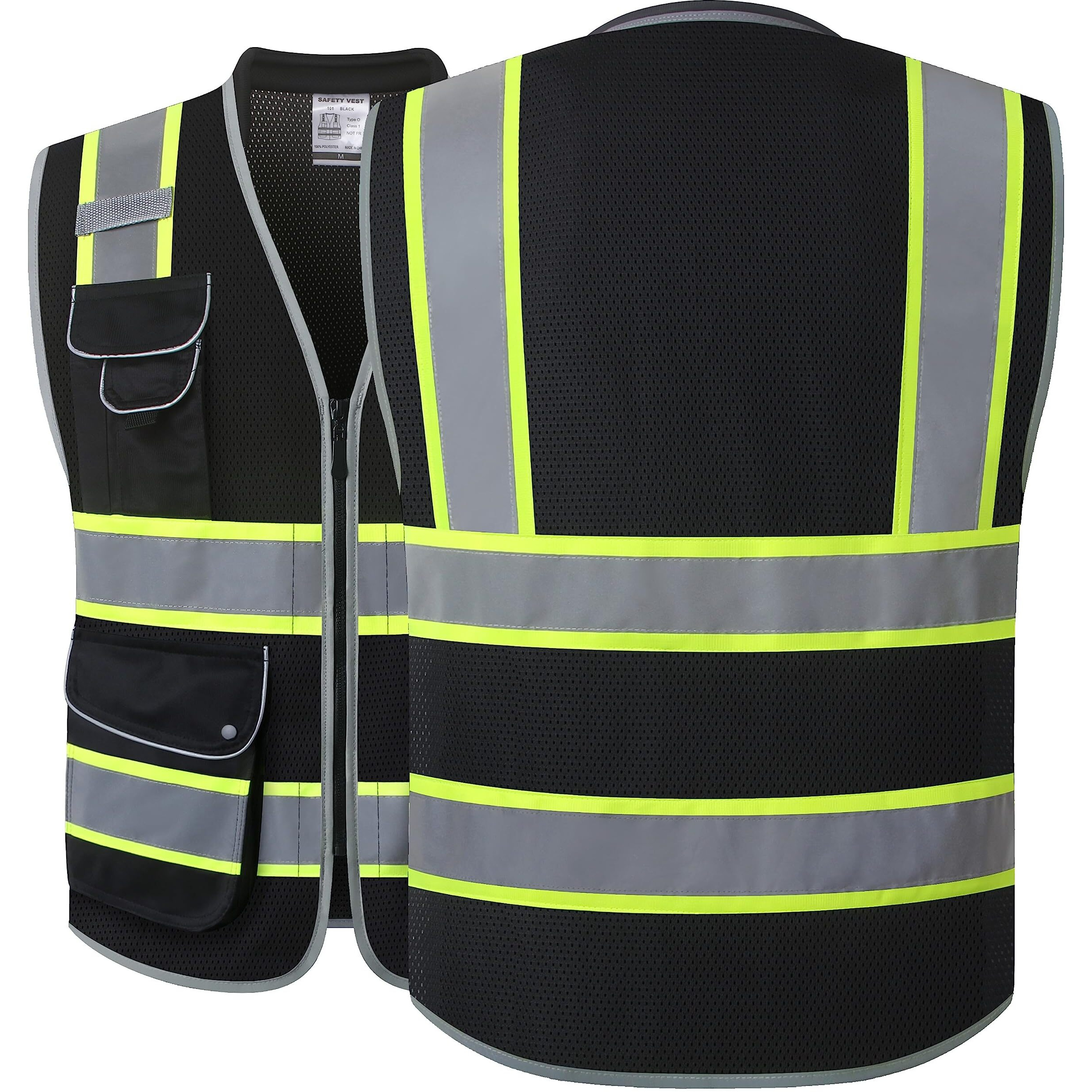 Jksafety 9 Pockets Hi-Vis Black Safety Vest For Men Women High Visibility Reflective Construction Mesh Fabric Cushioned Collar Work Utility Ppe Work Gear Ansi/Isea Compliant (101-Black L)