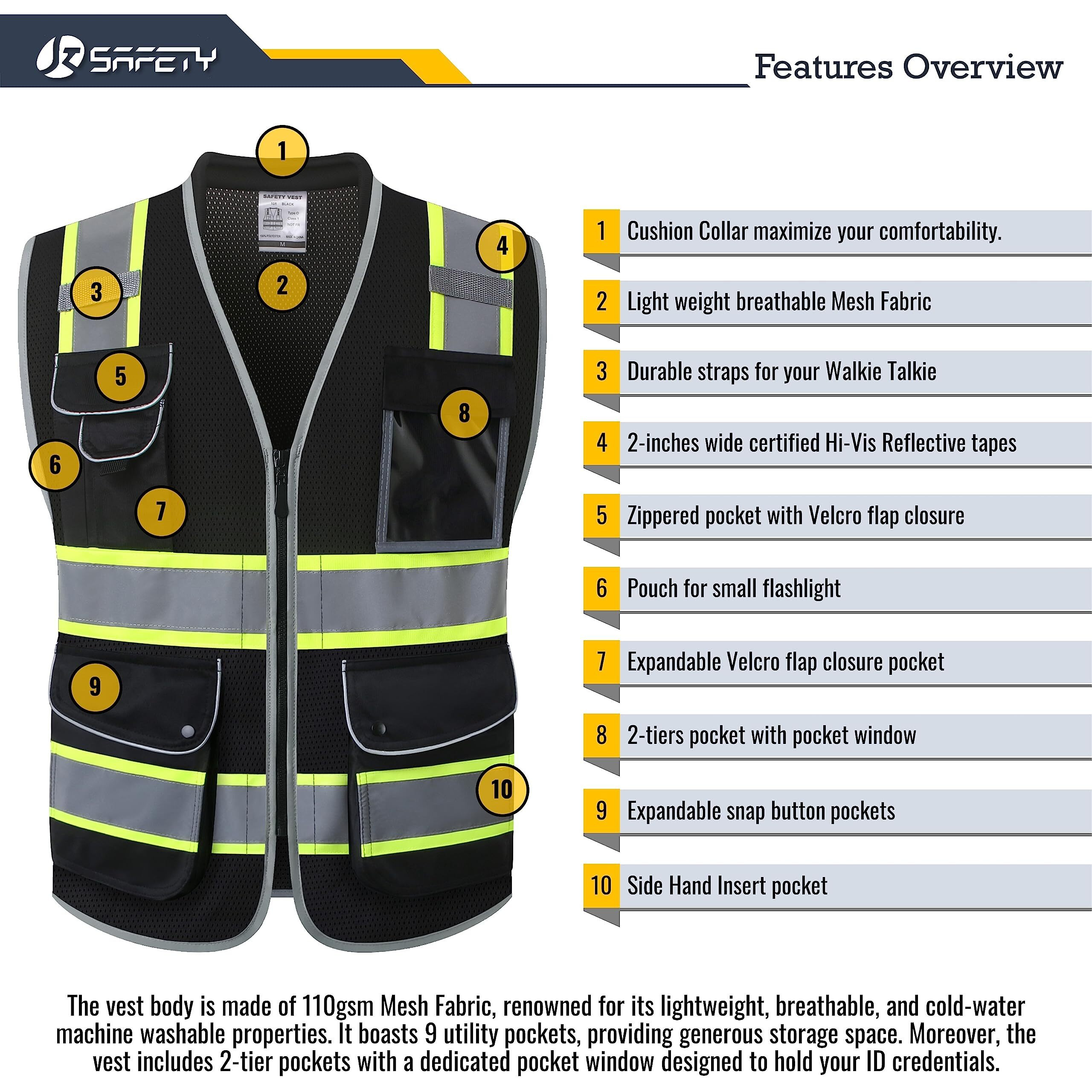 Jksafety 9 Pockets Hi-Vis Black Safety Vest For Men Women High Visibility Reflective Construction Mesh Fabric Cushioned Collar Work Utility Ppe Work Gear Ansi/Isea Compliant (101-Black L)