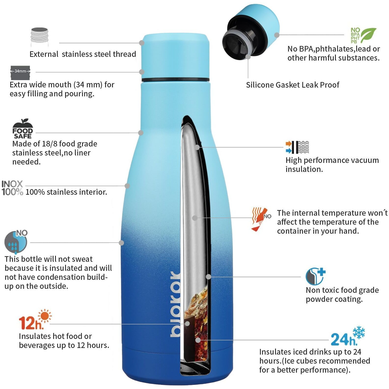 Bjpkpk 12Oz Water Bottles Stainless Steel Double Wall Vacuum Insulated Small Water Bottles For Travel Sky
