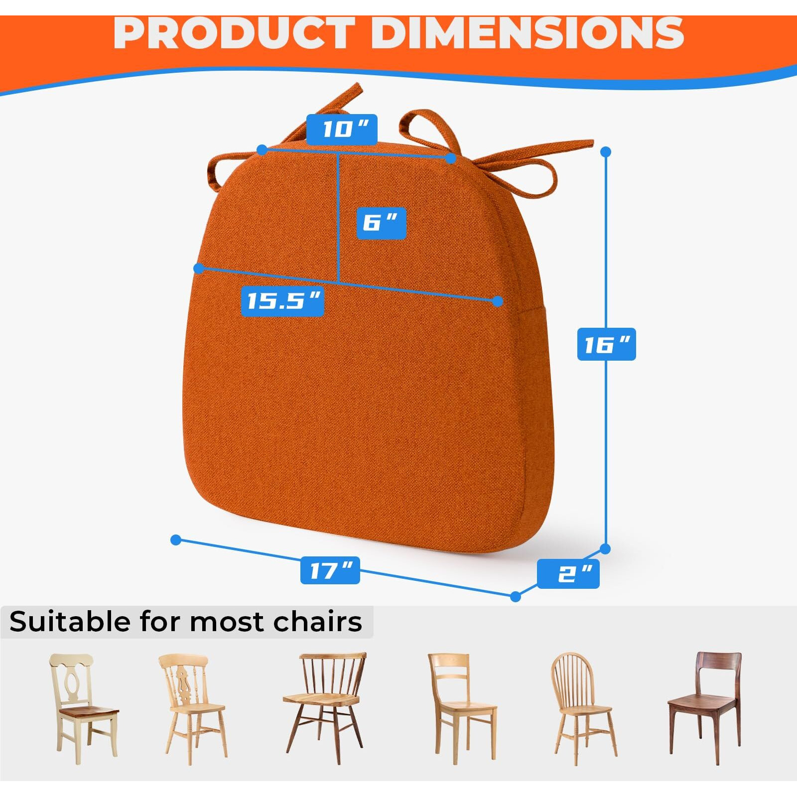 Sunsleek Chair Cushions For Dining Chairs  D-Shaped Seat Cushions With Removable Washable Cover And Ties  Chair Pads For Kitchen  Indoor Dining Room  Patio Chairs  17'' X 16''  Set Of 6  Orange