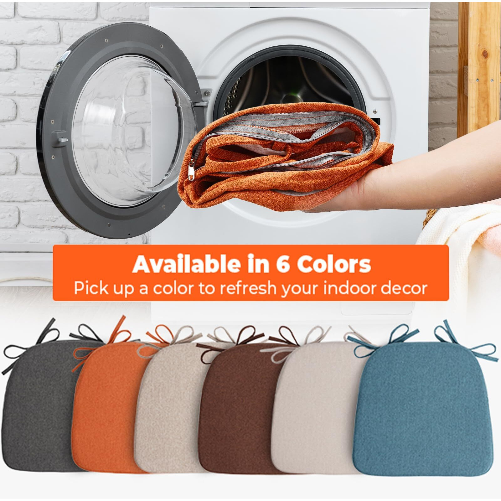 Sunsleek Chair Cushions For Dining Chairs  D-Shaped Seat Cushions With Removable Washable Cover And Ties  Chair Pads For Kitchen  Indoor Dining Room  Patio Chairs  17'' X 16''  Set Of 6  Orange