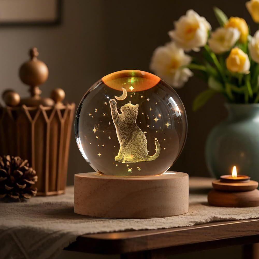 Zrenjhus Cat Gifts For Women 3D Crystal Ball Lamp 60Mm Glass Decorative Ball Globe Figurine Home Decor Cat Lover Gifts For Mothers Day Christmas Birthday