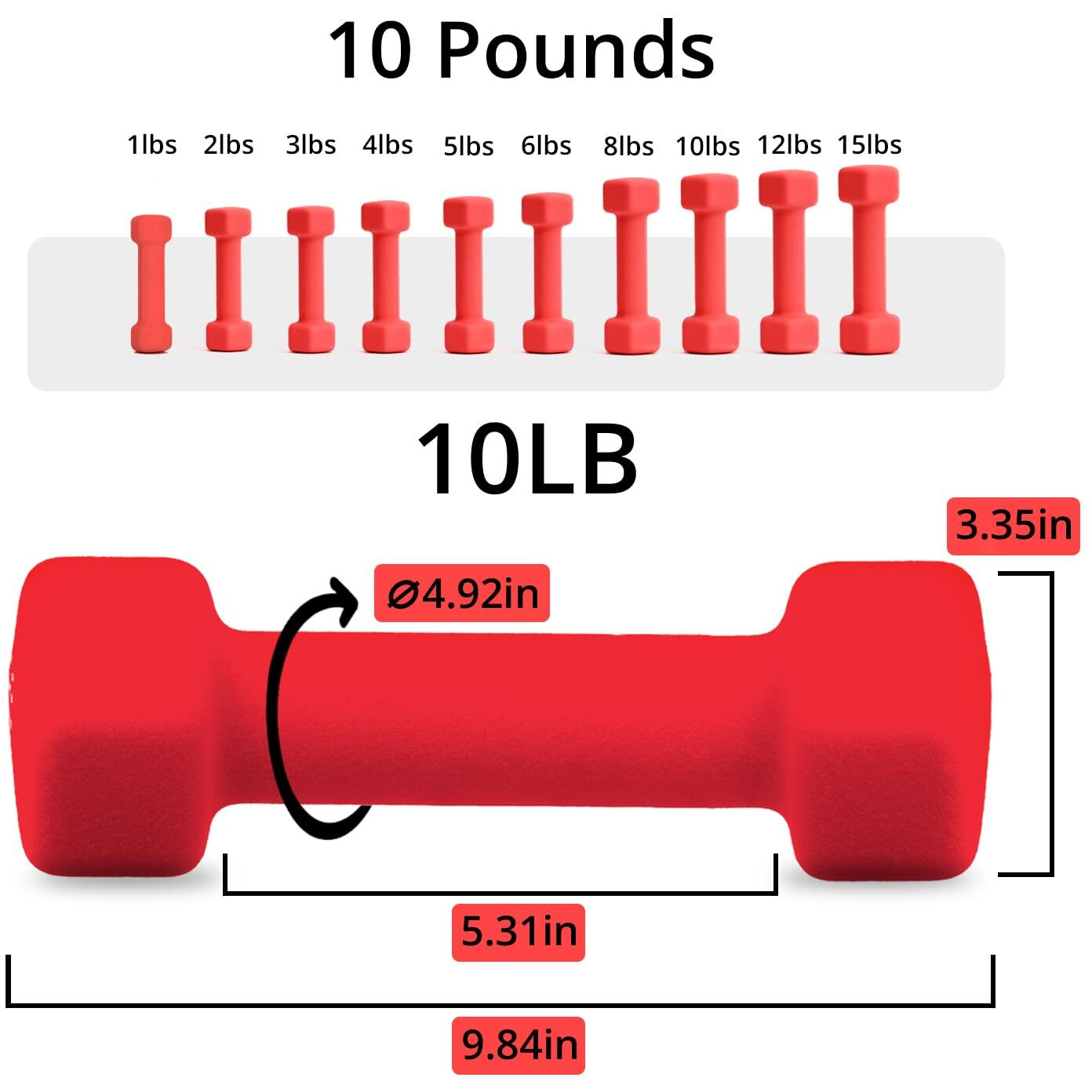 Portzon Set Of 2 Neoprene Dumbbell  Free Weights Of 1-15 Lb  Anti-Slip  Anti-Roll  Hex Shape Red Neoprene Dumbbells