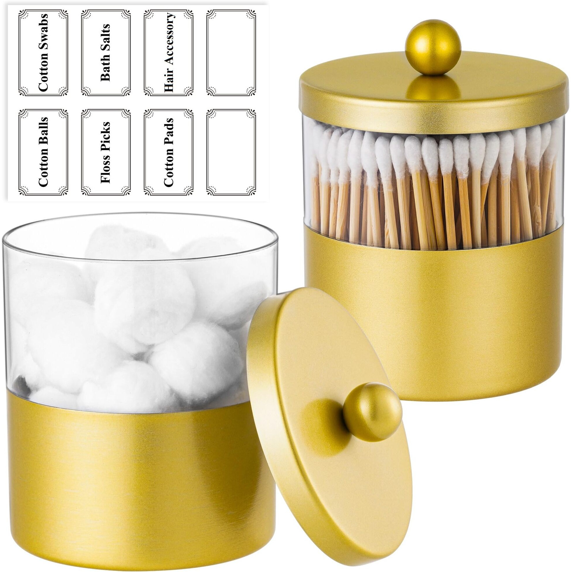 Gaussra Gold Qtip Holder  Apothecary Jars - Stainless Steel Bathroom Jar With Stickers - Farmhouse Decor Qtip Dispenser For Qtips  Cotton Balls  Swabs  Makeup Sponges (2-Pack)