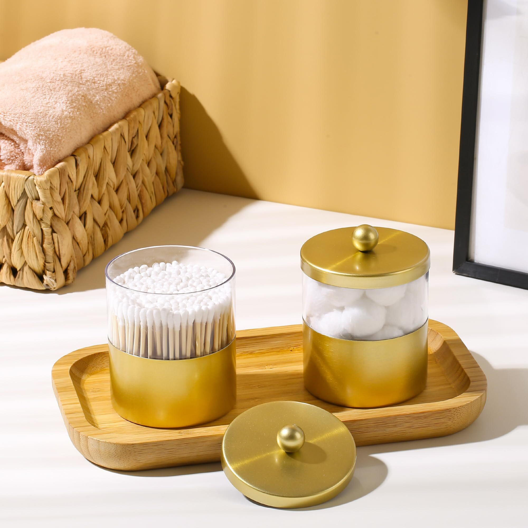 Gaussra Gold Qtip Holder  Apothecary Jars - Stainless Steel Bathroom Jar With Stickers - Farmhouse Decor Qtip Dispenser For Qtips  Cotton Balls  Swabs  Makeup Sponges (2-Pack)