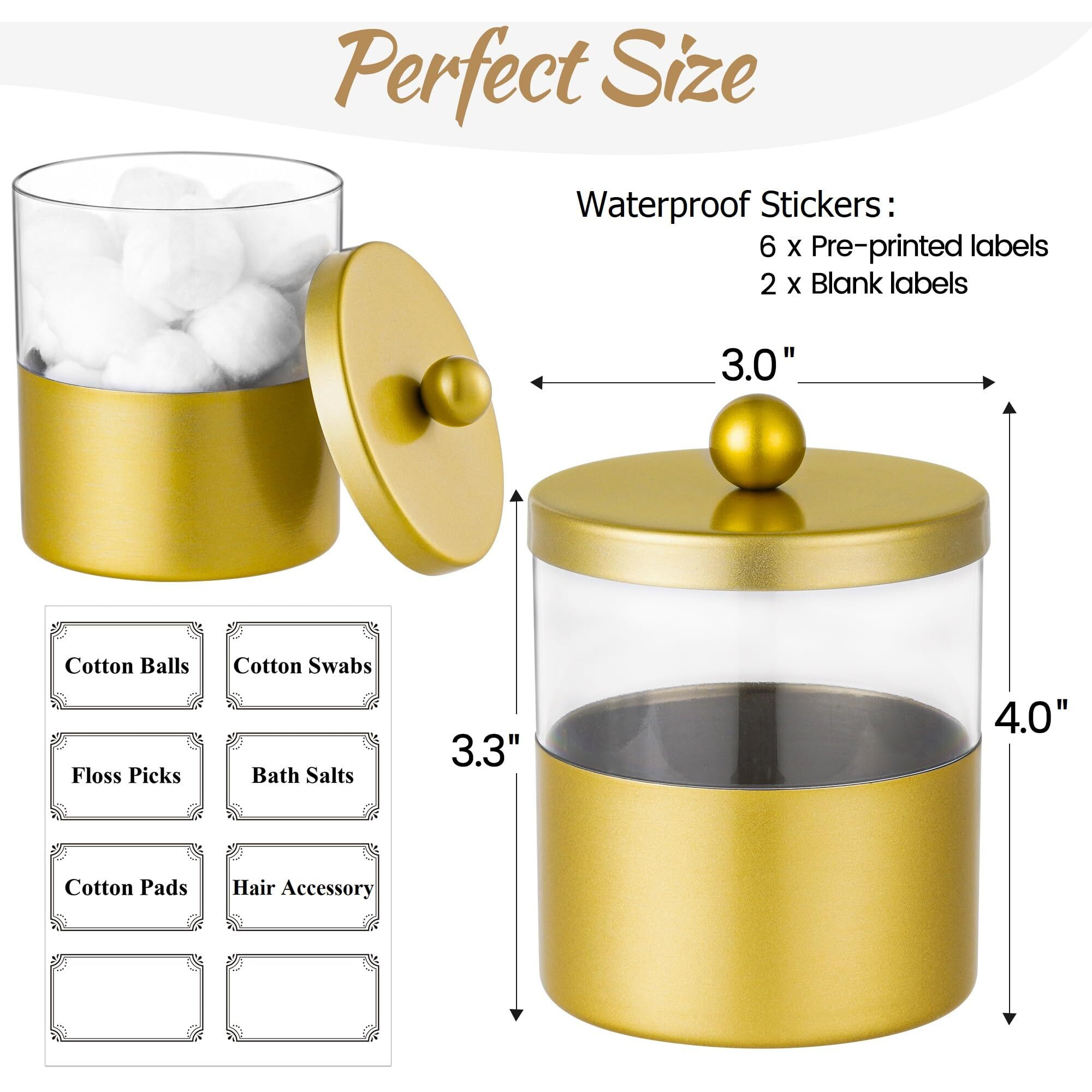 Gaussra Gold Qtip Holder  Apothecary Jars - Stainless Steel Bathroom Jar With Stickers - Farmhouse Decor Qtip Dispenser For Qtips  Cotton Balls  Swabs  Makeup Sponges (2-Pack)