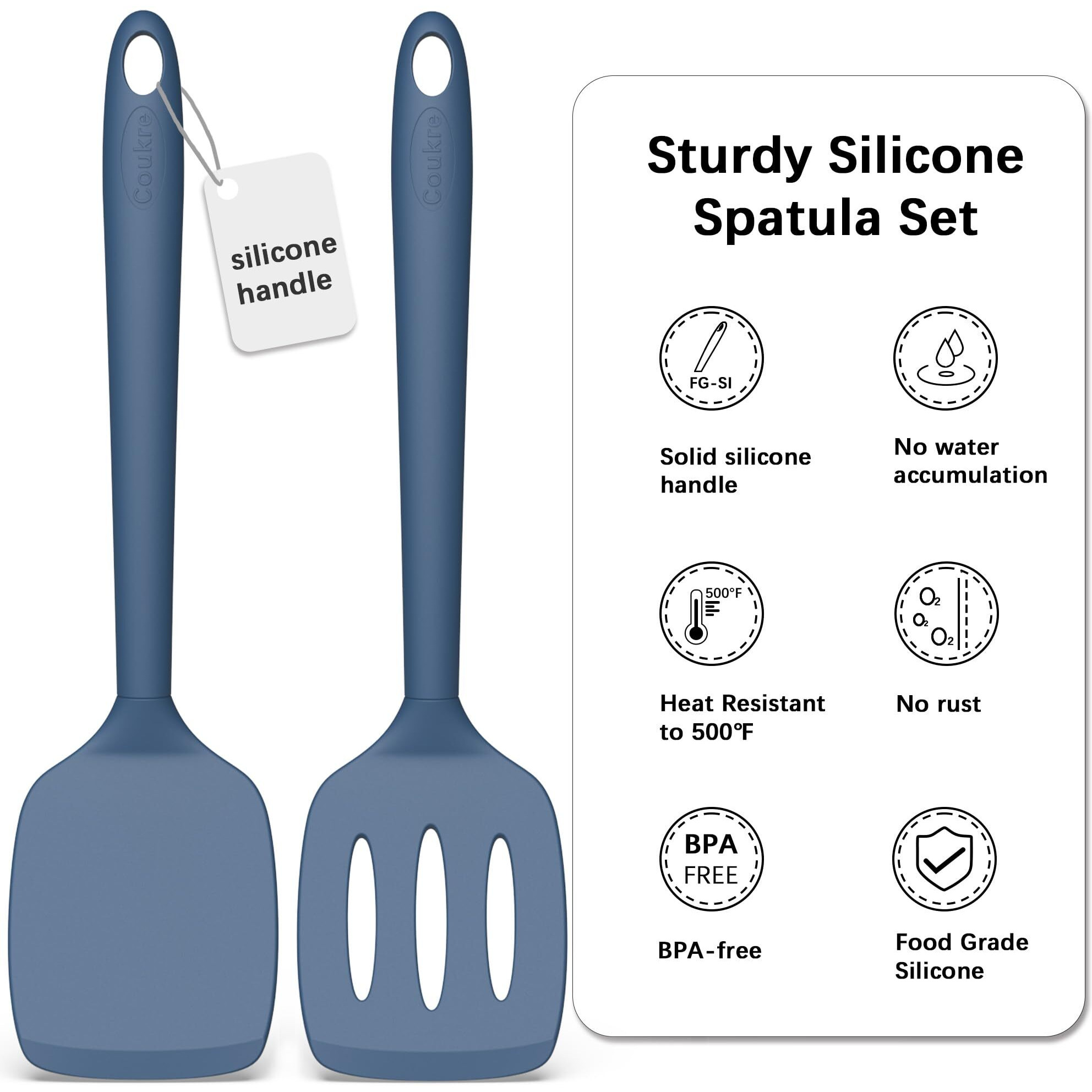 Coukre 2 Pack Silicone Spatula Set  High Heat Resistant  Bpa Free Kitchen Spatula  Solid & Slotted Turner For Non-Stick Pans  SautNg  And Flipping (2  Puredarkblue)
