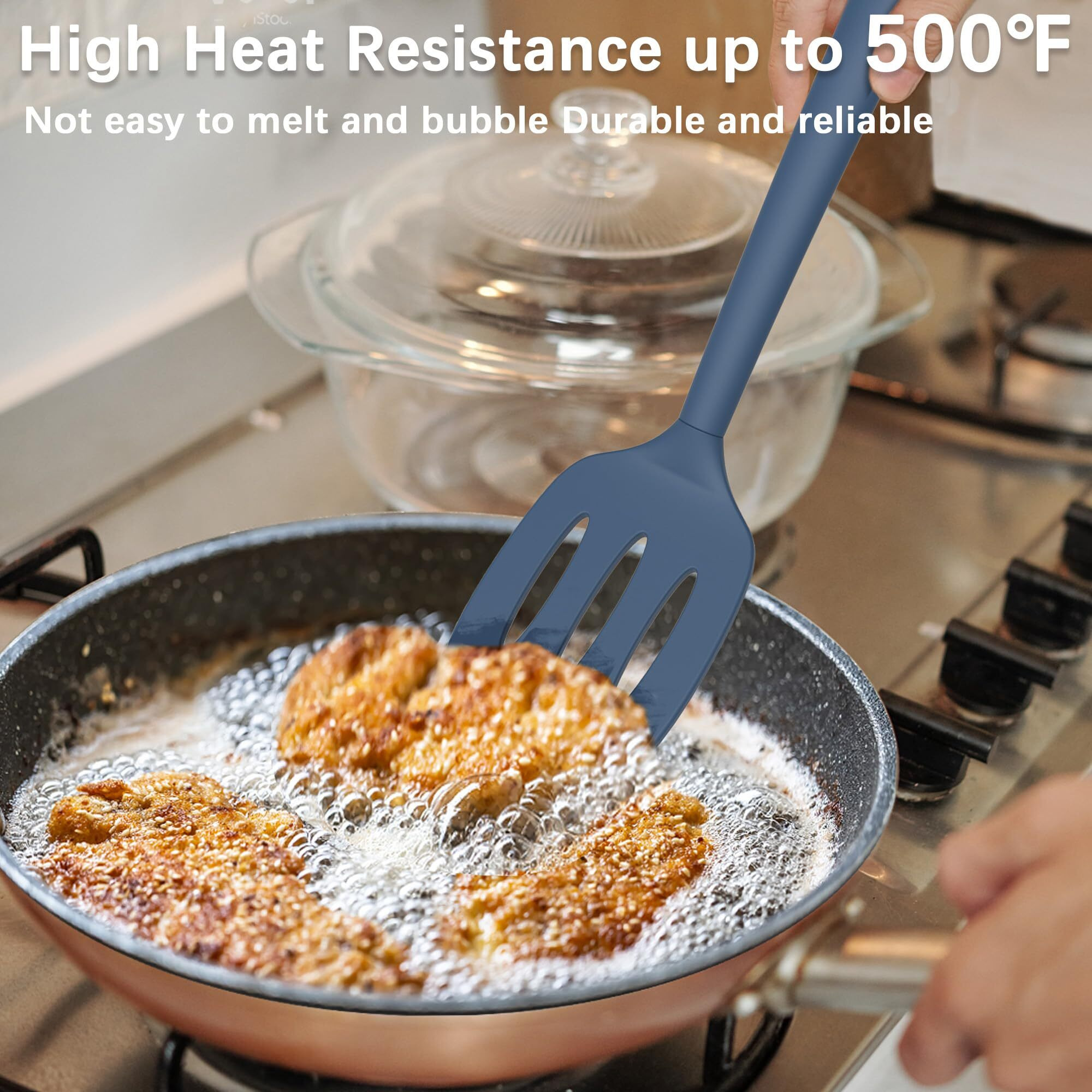 Coukre 2 Pack Silicone Spatula Set  High Heat Resistant  Bpa Free Kitchen Spatula  Solid & Slotted Turner For Non-Stick Pans  SautNg  And Flipping (2  Puredarkblue)