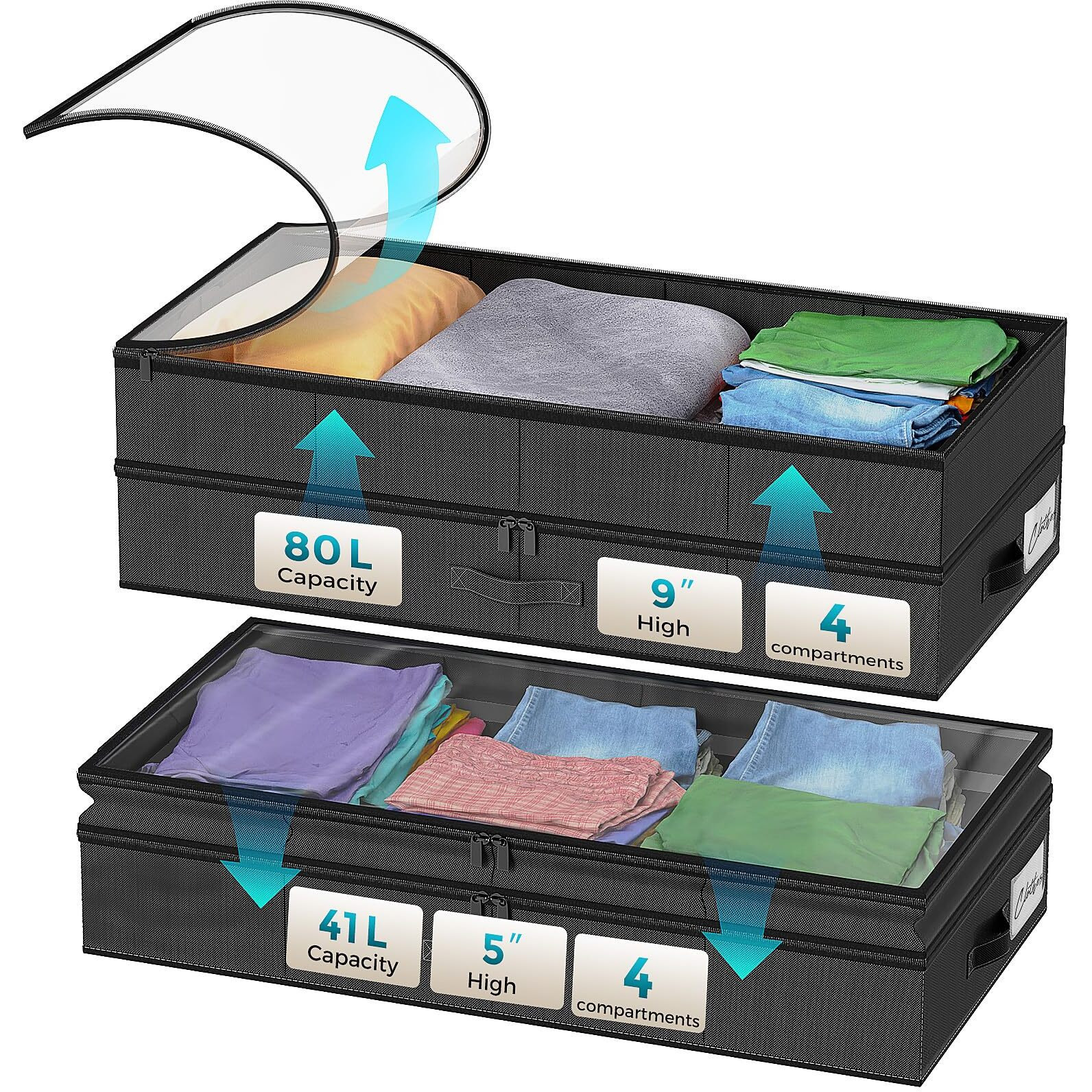 Height Adjustable2 Pack Under Bed Storage Containers 2 Layers Extensible Underbed Storage Bins Clothes Storage Bins Sturdy Sidewalls/Bottom Clear Window For Shoes Storage Organizer(4 Compartments)