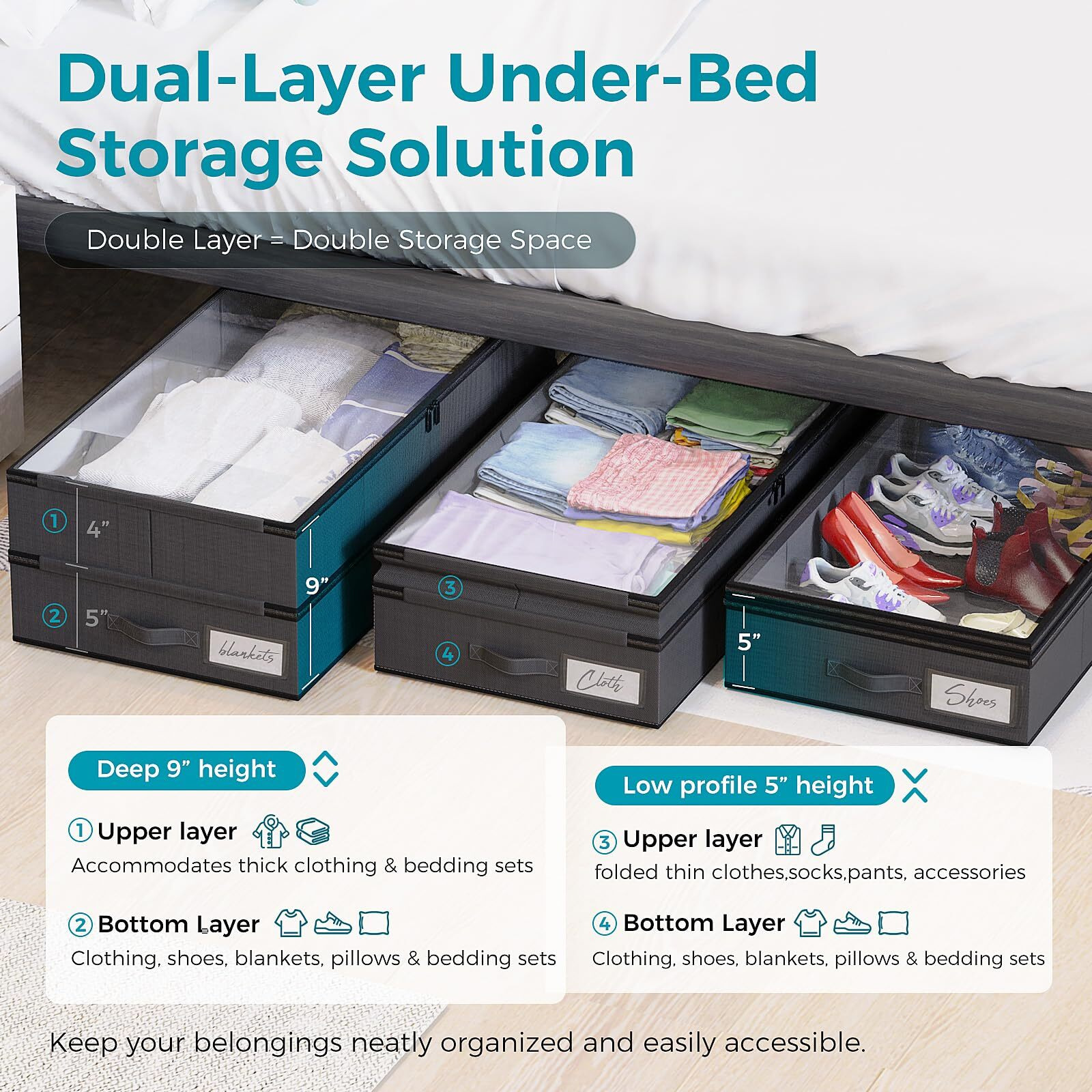 Height Adjustable2 Pack Under Bed Storage Containers 2 Layers Extensible Underbed Storage Bins Clothes Storage Bins Sturdy Sidewalls/Bottom Clear Window For Shoes Storage Organizer(4 Compartments)