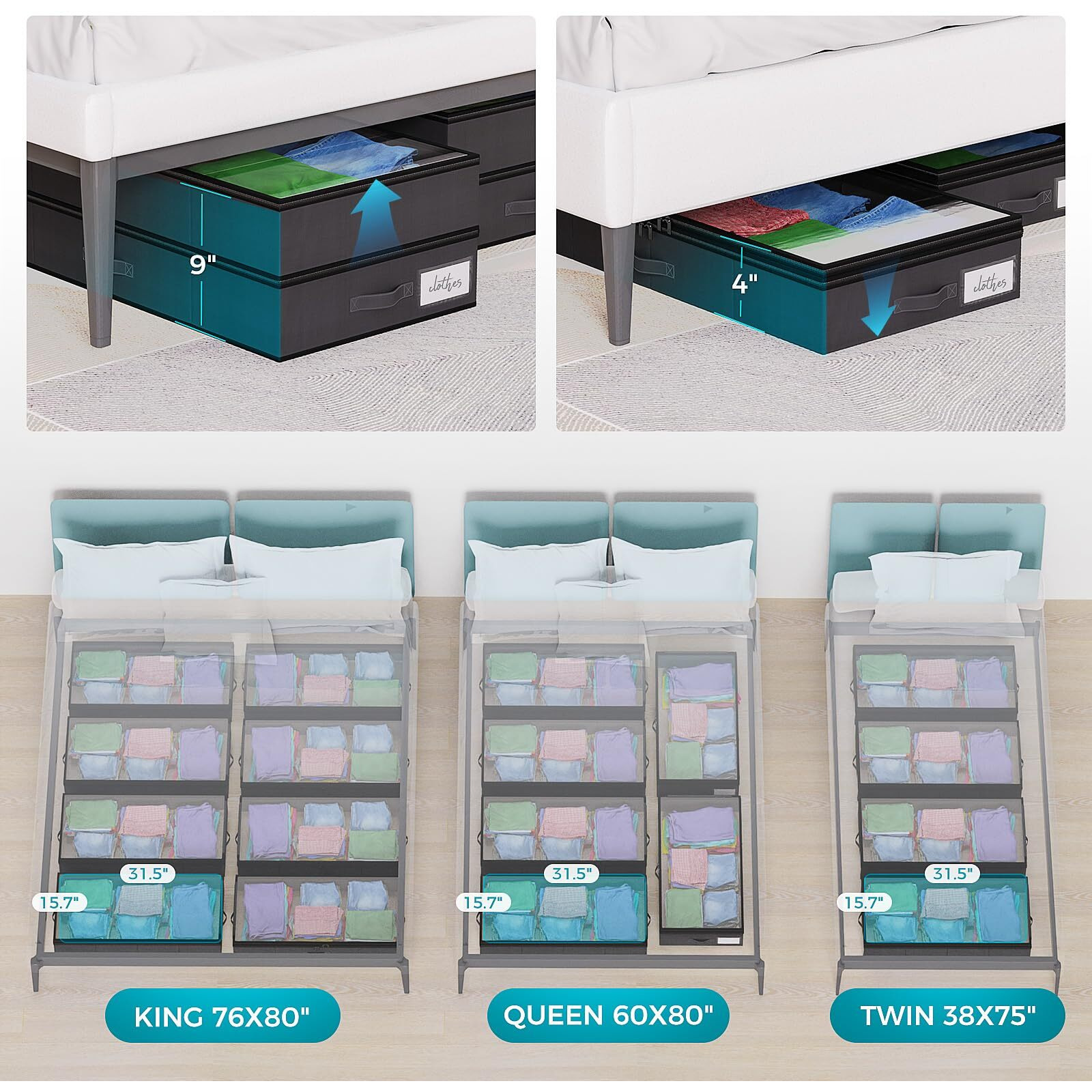 Height Adjustable2 Pack Under Bed Storage Containers 2 Layers Extensible Underbed Storage Bins Clothes Storage Bins Sturdy Sidewalls/Bottom Clear Window For Shoes Storage Organizer(4 Compartments)