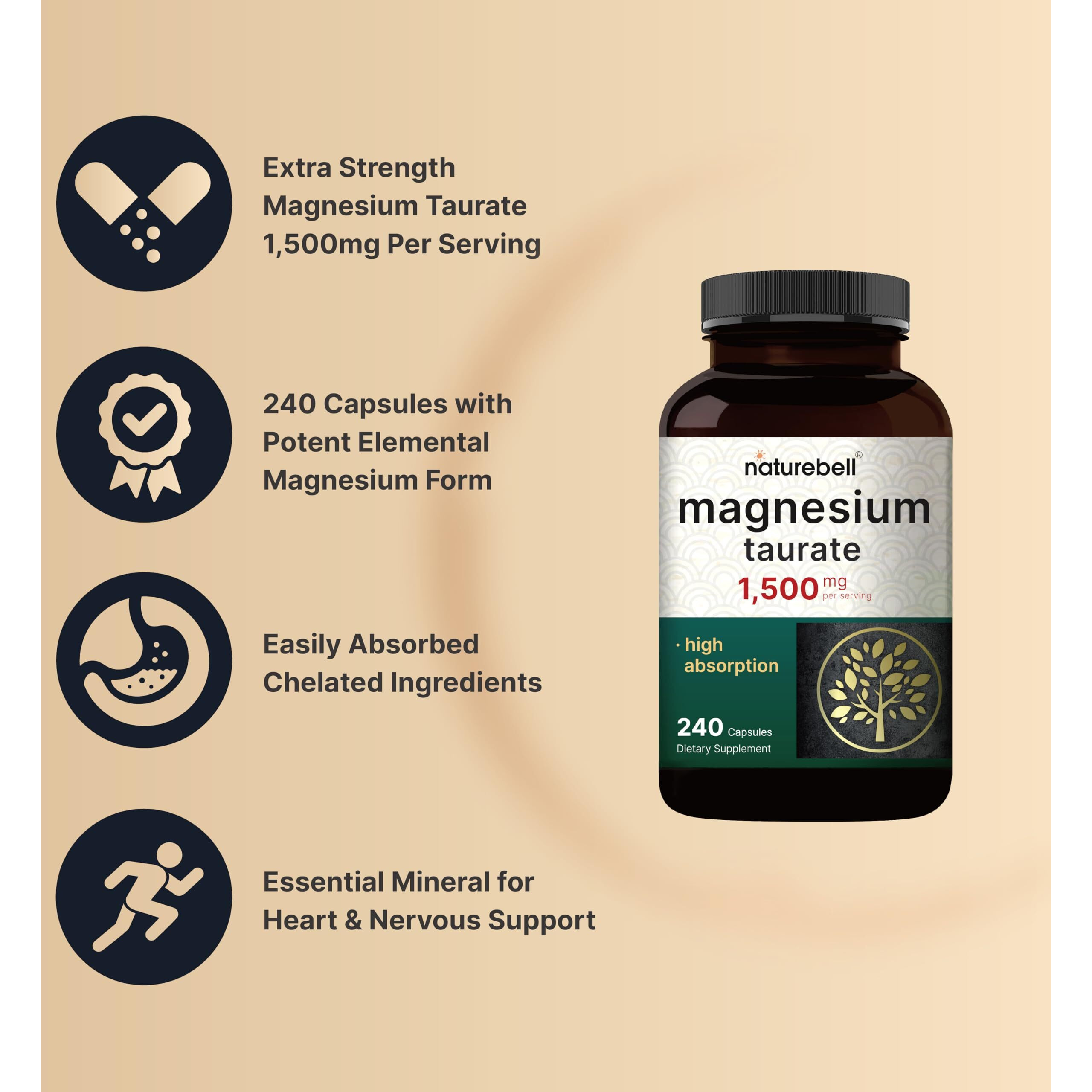Magnesium Taurate 1 500Mg Per Serving  240 Capsules | Chelated For High Absorption - Heart & Nervous Mineral Supplement - Non-Gmo  Gluten Free