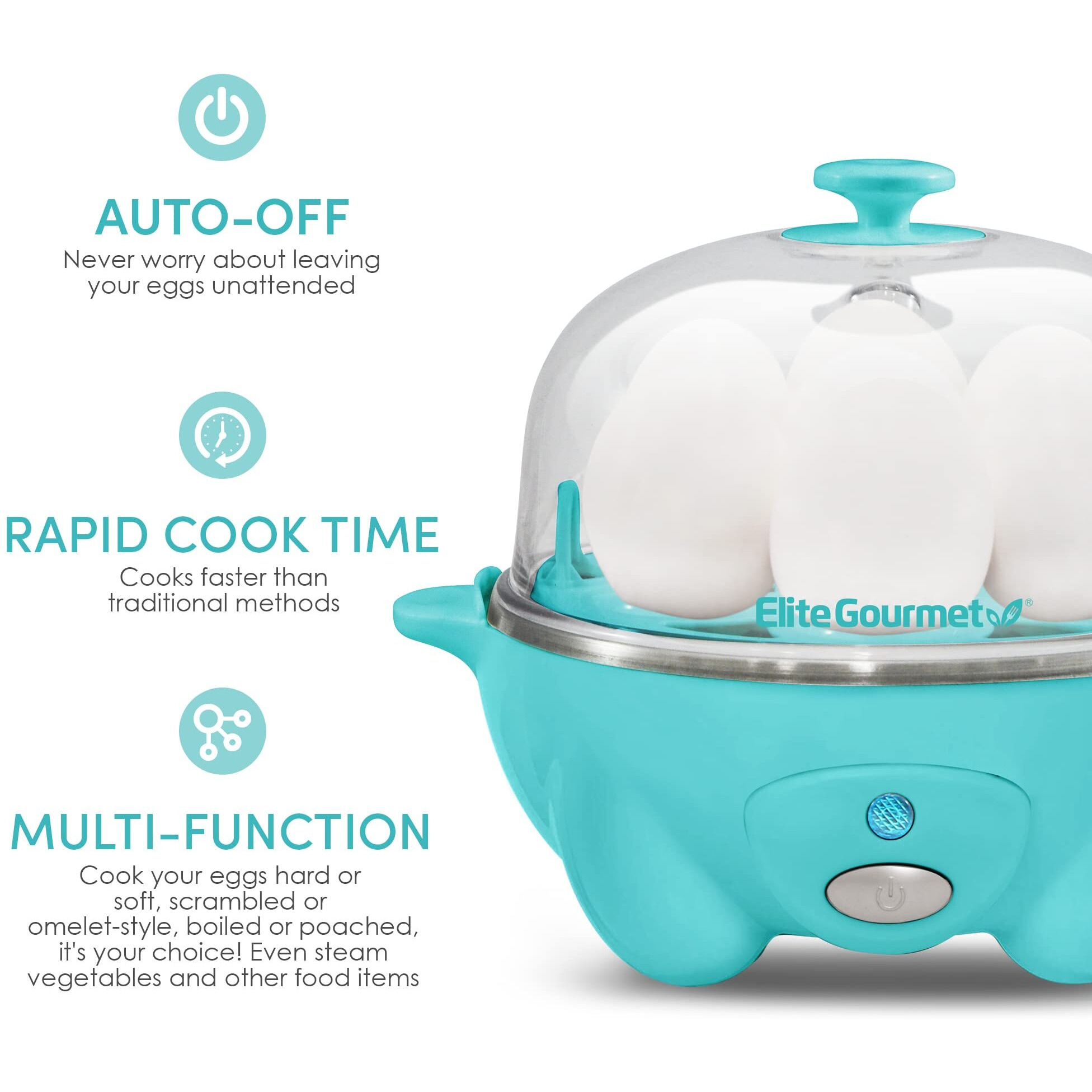 Elite Gourmet Egc-007T Rapid Egg Cooker  7 Easy-To-Peel  Hard  Medium  Soft Boiled Eggs  Poacher  Omelet Maker  Auto Shut-Off  Alarm  16-Recipe Booklet  Teal