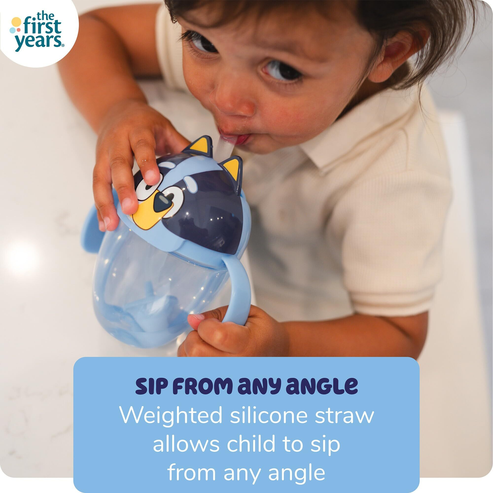 The First Years Bluey Trainer Weighted Straw Cup - Toddler Cups With Weighted Straw - Baby And Toddler Straw Cup Spill Proof - Bluey Toddler Feeding Supplies - Ages 6 Months And Up - 7 Ounce