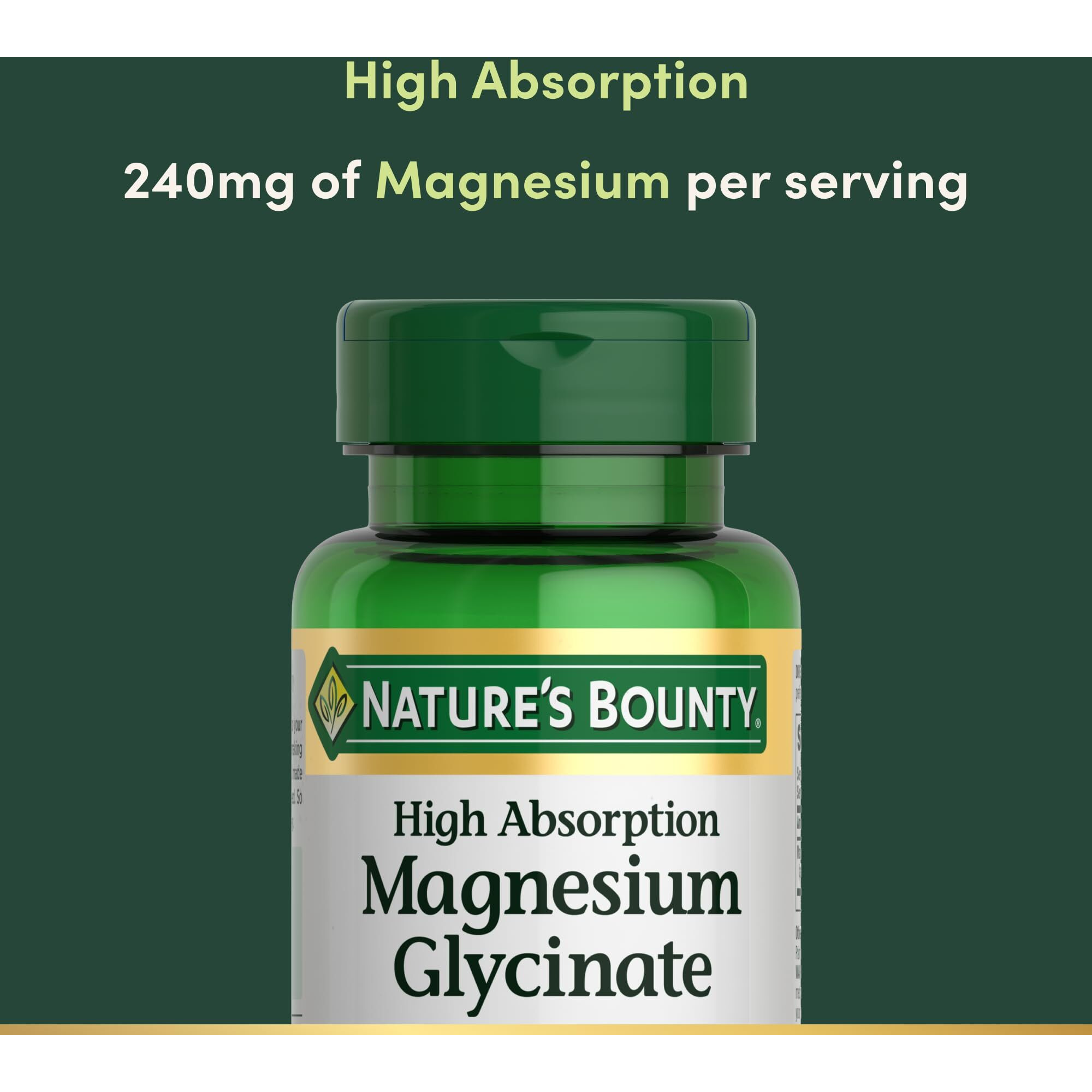 Nature Bounty High Absorption Magnesium Glycinate 240 Mg For Supporting Muscle Relaxation And Bone  Heart & Nerve Health - Non-Gmo  Gluten-Free  Vegetarian  120 Count/60 Servings