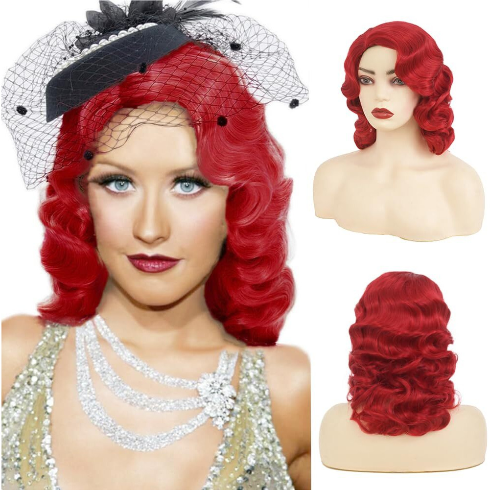 Amnenl Red Finger Wave Wigs For Women 1920S Long Side Part Natural Flapper Hair Wig Lady Synthetic Cosplay Costume Vintage Wig(Red)