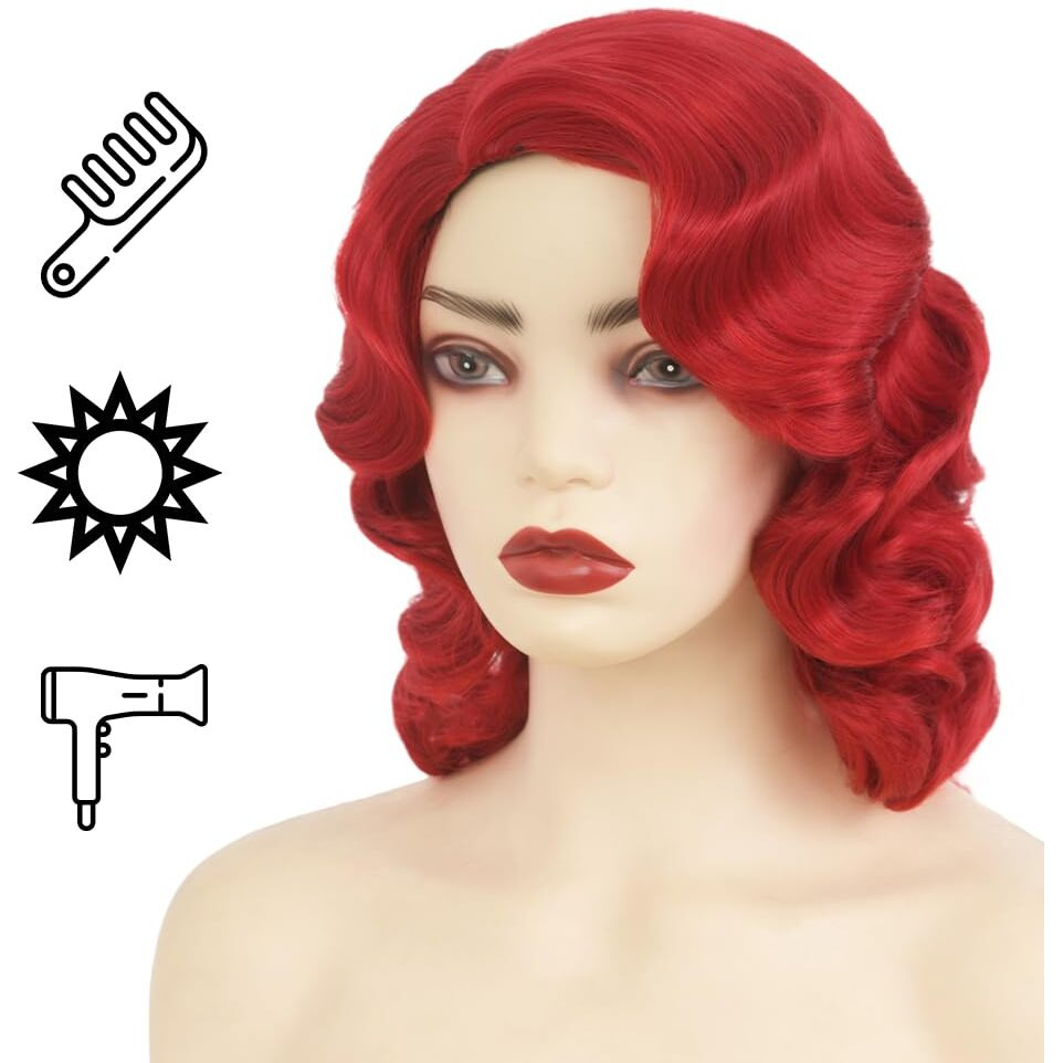 Amnenl Red Finger Wave Wigs For Women 1920S Long Side Part Natural Flapper Hair Wig Lady Synthetic Cosplay Costume Vintage Wig(Red)