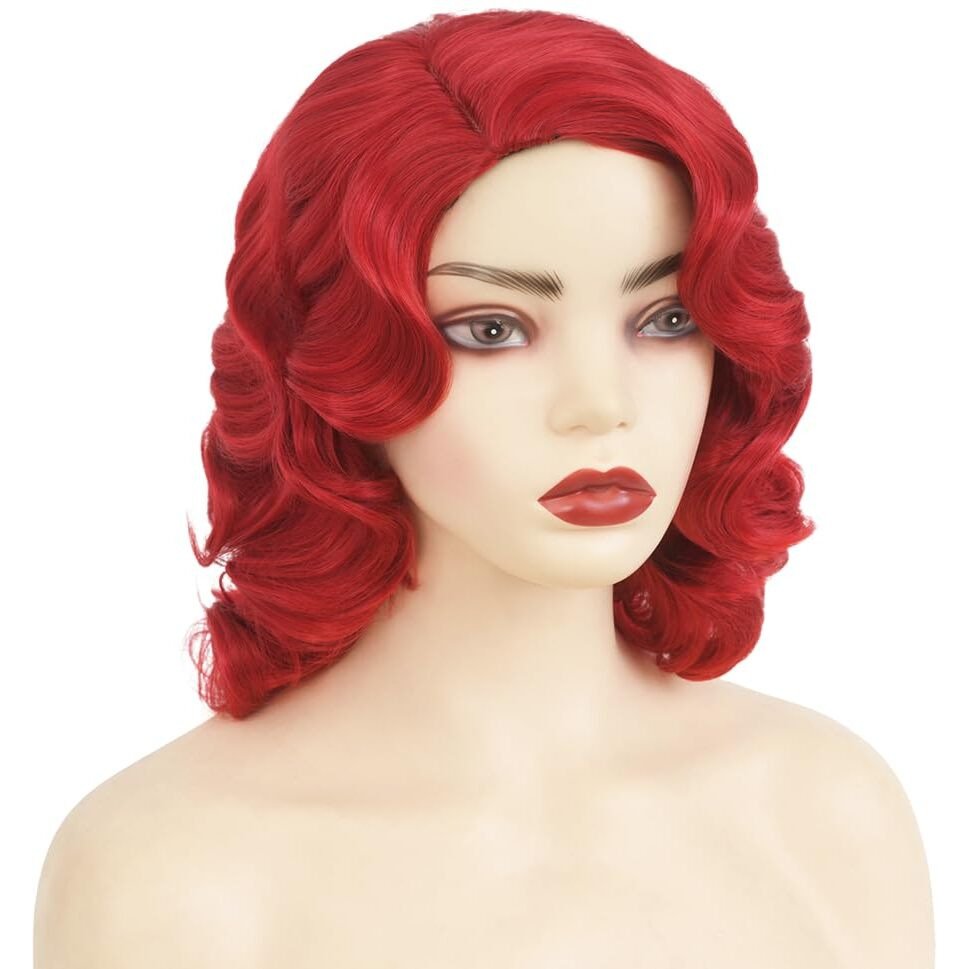 Amnenl Red Finger Wave Wigs For Women 1920S Long Side Part Natural Flapper Hair Wig Lady Synthetic Cosplay Costume Vintage Wig(Red)
