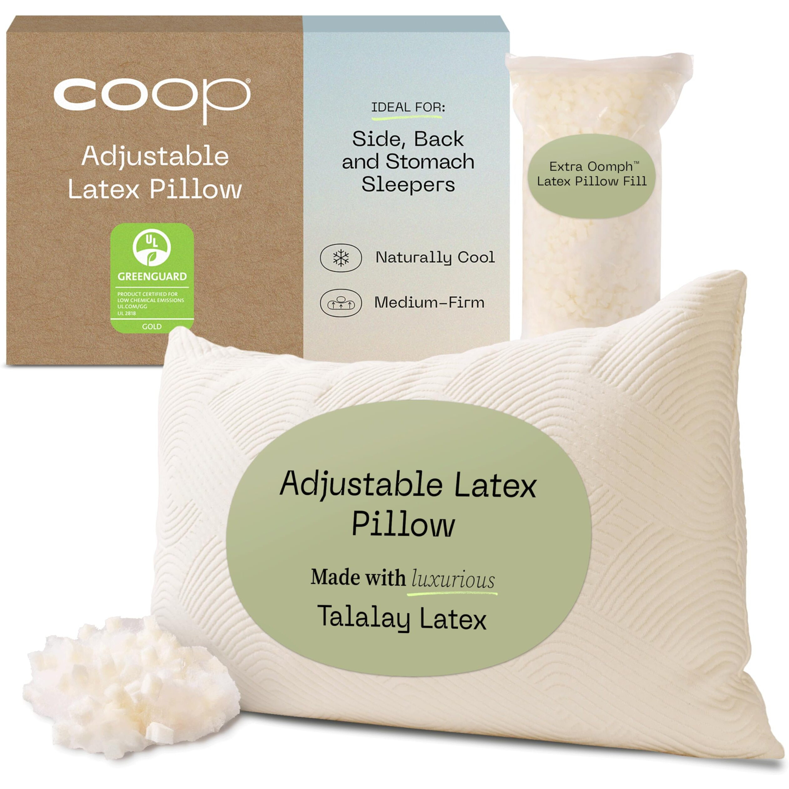 Coop Home Goods Adjustable Latex Pillow Queen  With Talalay Latex & Microfiber Fill  Best Pillows For Sleeping  Naturally Cooling  Eco-Friendly  Medium Firm Pillow For Back  Stomach Or Side Sleepers
