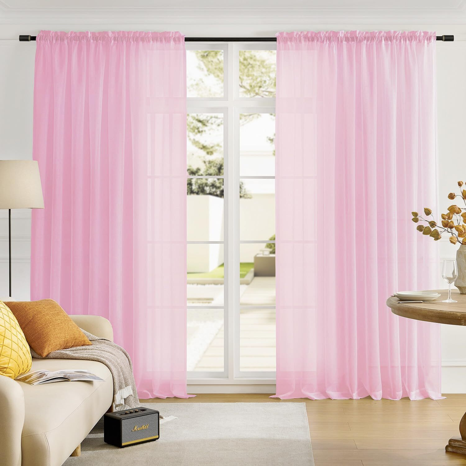 Mystic-Home Extra Wide Sheer Curtains Pink 84 Inches Long  Window Treatments Rod Pocket Drapes For Living Room  Bedroom  108 In Width Semi Sheer Curtains For Yard  Villa  Parlor  108"&quotX 84""  2 Panels