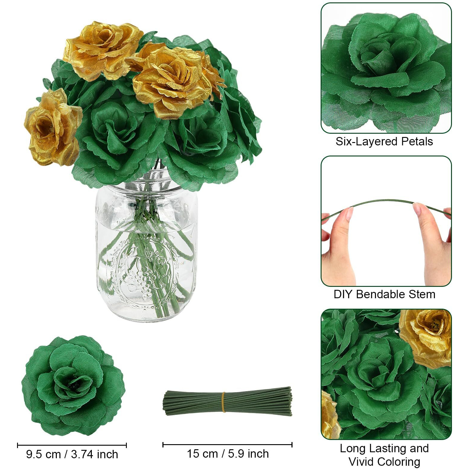 Lelee 108Pcs Roses Head Flowers With Stem - Emerald Green Gold Artificial Flowers Rose Bulk - Silk Rose Fake Flower For Wedding Bouquet Decor Diy Baby Shower Centerpieces St Patrick's Day Decoration