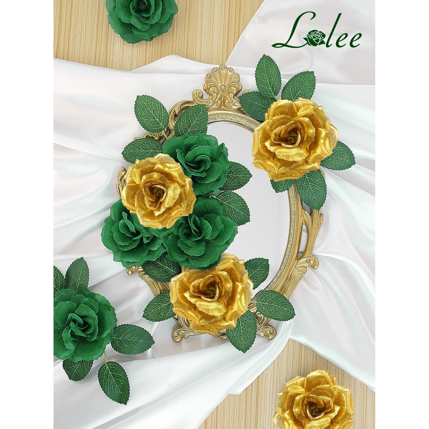 Lelee 108Pcs Roses Head Flowers With Stem - Emerald Green Gold Artificial Flowers Rose Bulk - Silk Rose Fake Flower For Wedding Bouquet Decor Diy Baby Shower Centerpieces St Patrick's Day Decoration