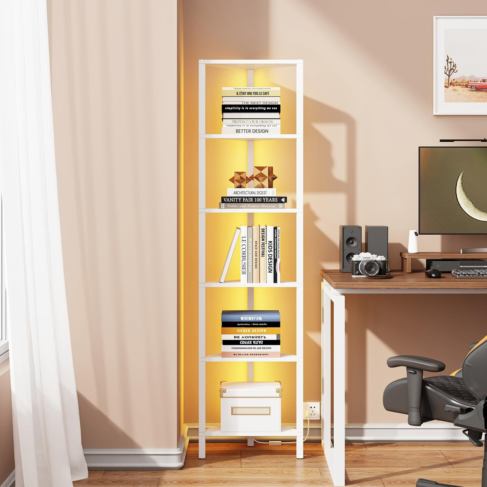 Tutotak 6-Tier Corner Bookshelf With Led Light Corner Shelf For Small Space  Narrow Display Corner Shelf Stand With Storage Rack  For Living Room  Bedroom  Pure White V1Bs05Bw006L