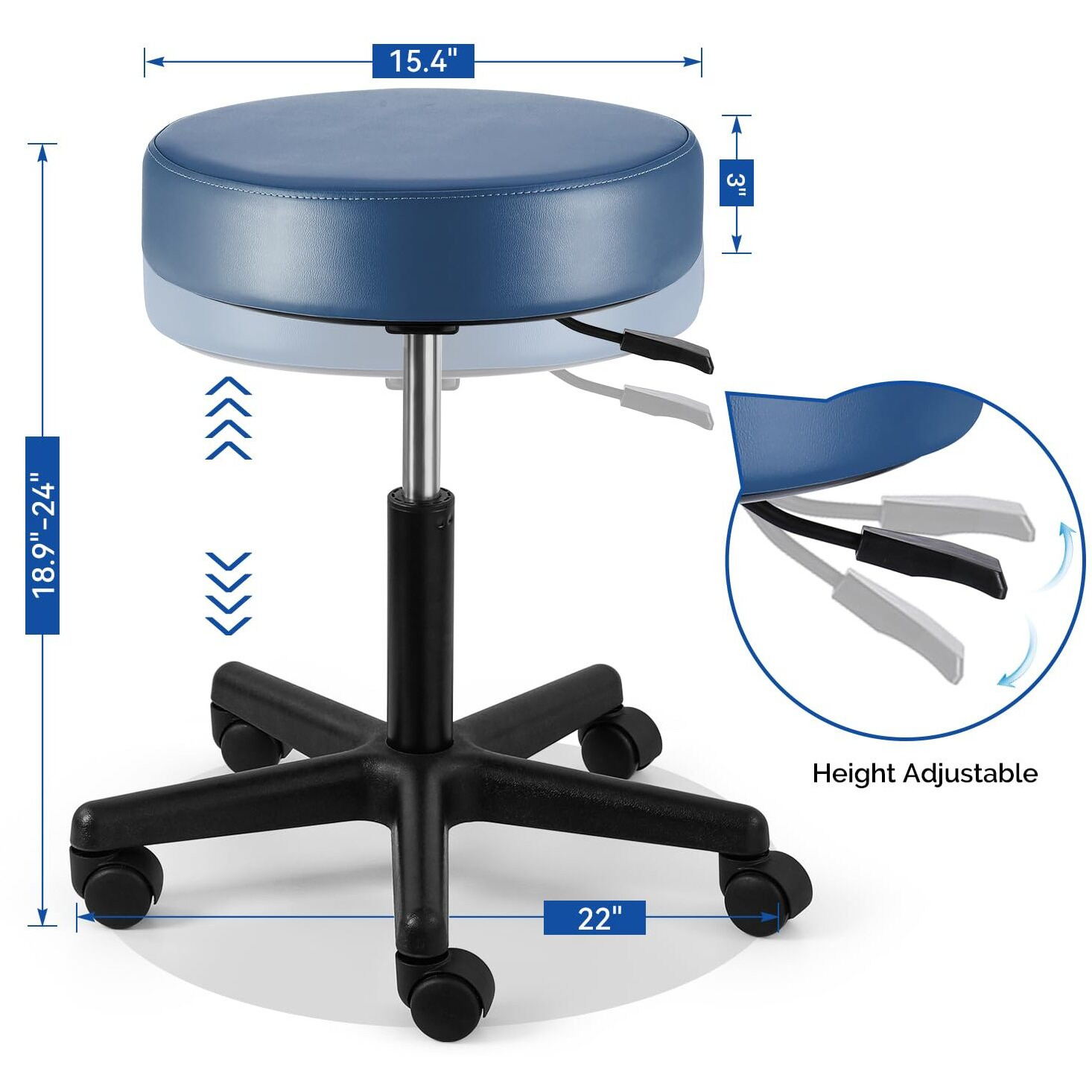 Jmu Rolling Stool With Wheels  Pvc Leather Large Seat  400Lbs Heavy Duty Adjustable Height (Seamist)
