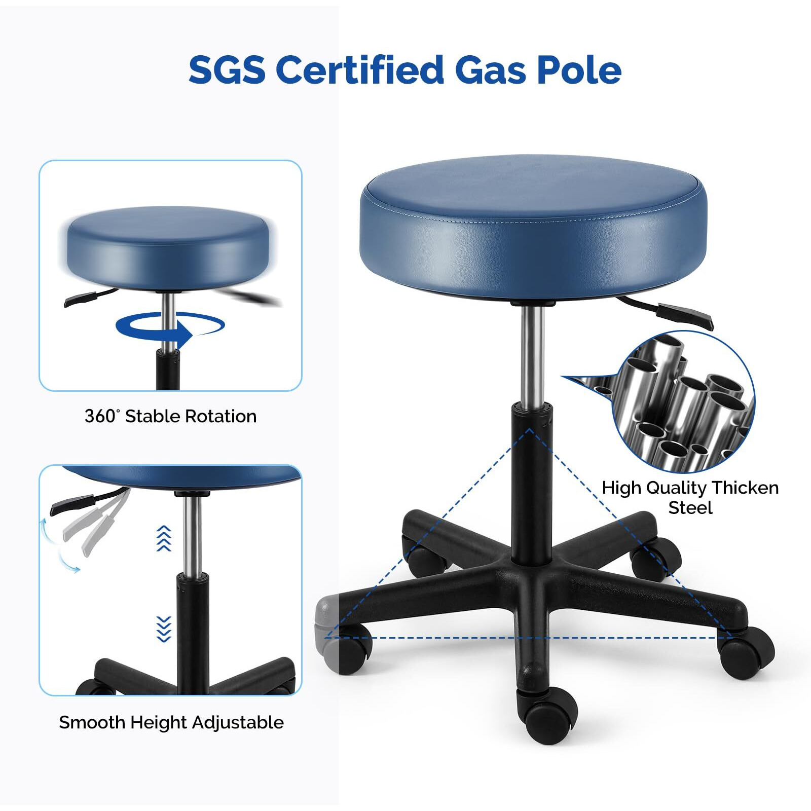 Jmu Rolling Stool With Wheels  Pvc Leather Large Seat  400Lbs Heavy Duty Adjustable Height (Seamist)