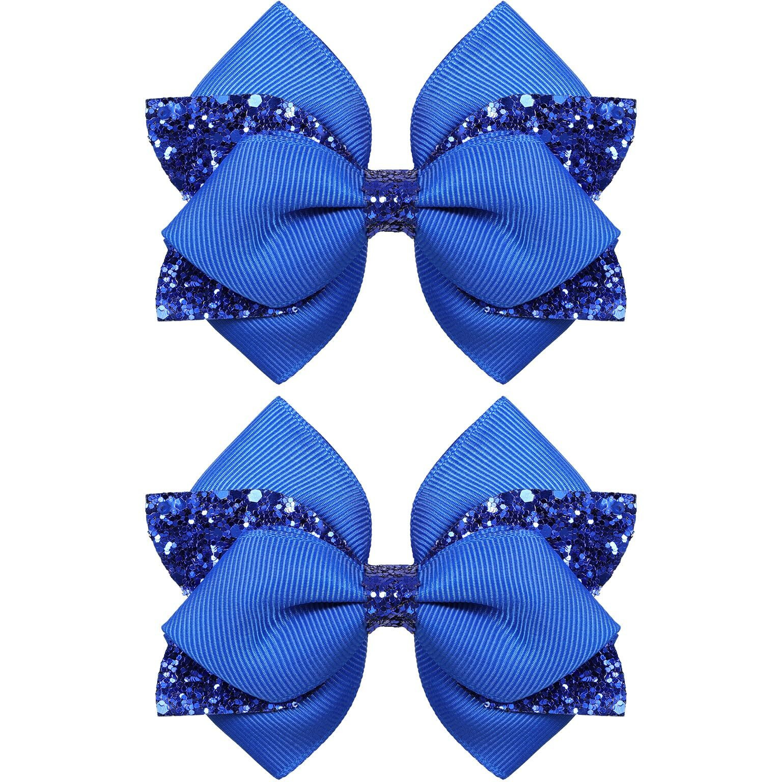 2Pc Glitter Royal Blue Hair Bow Clips 4In Girls Sparkly Sequin Hair Ribbon Barrettes Alligator Hairpins For Teens Toddler Kids Wedding Prom Dance Party Dress Decor Accessories
