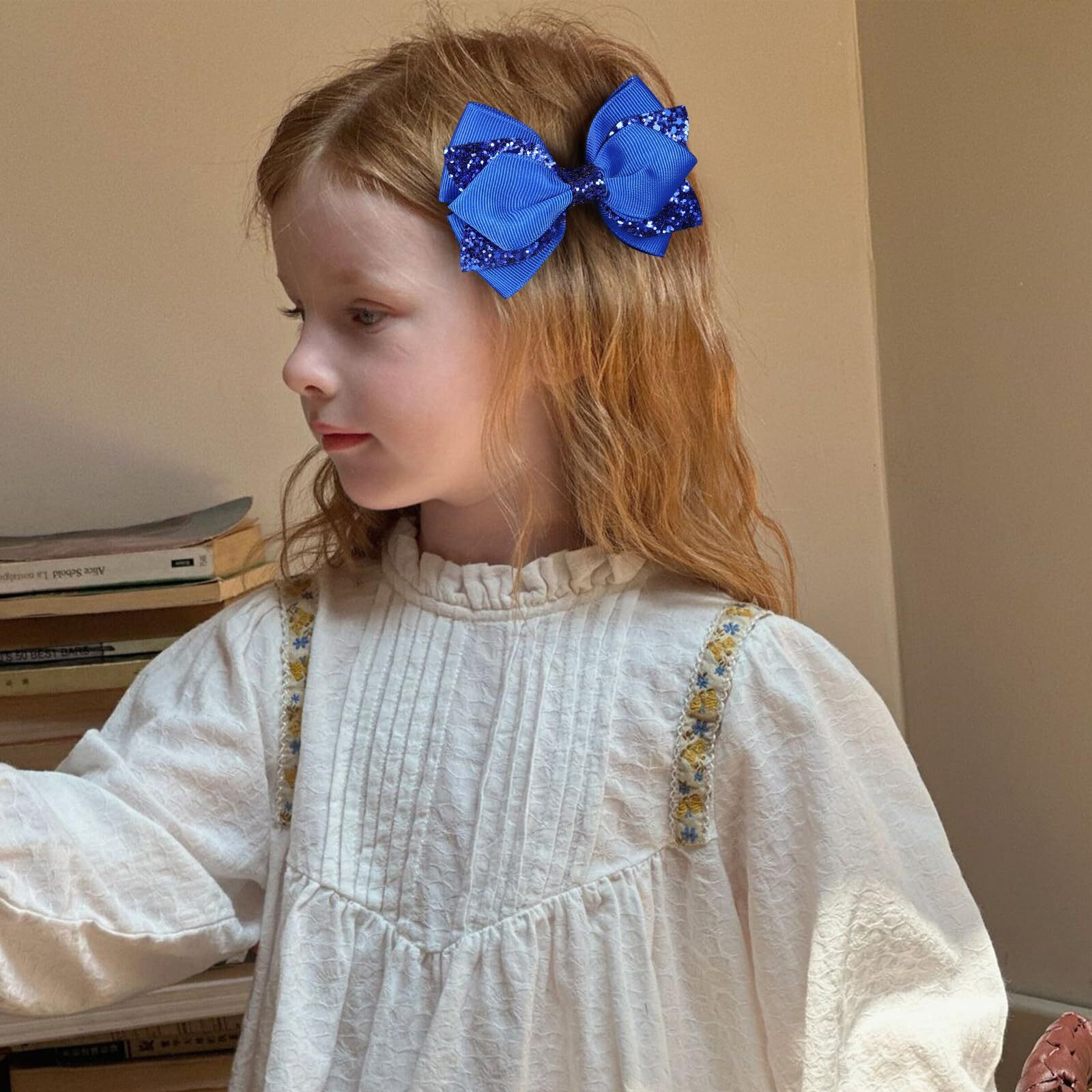 2Pc Glitter Royal Blue Hair Bow Clips 4In Girls Sparkly Sequin Hair Ribbon Barrettes Alligator Hairpins For Teens Toddler Kids Wedding Prom Dance Party Dress Decor Accessories