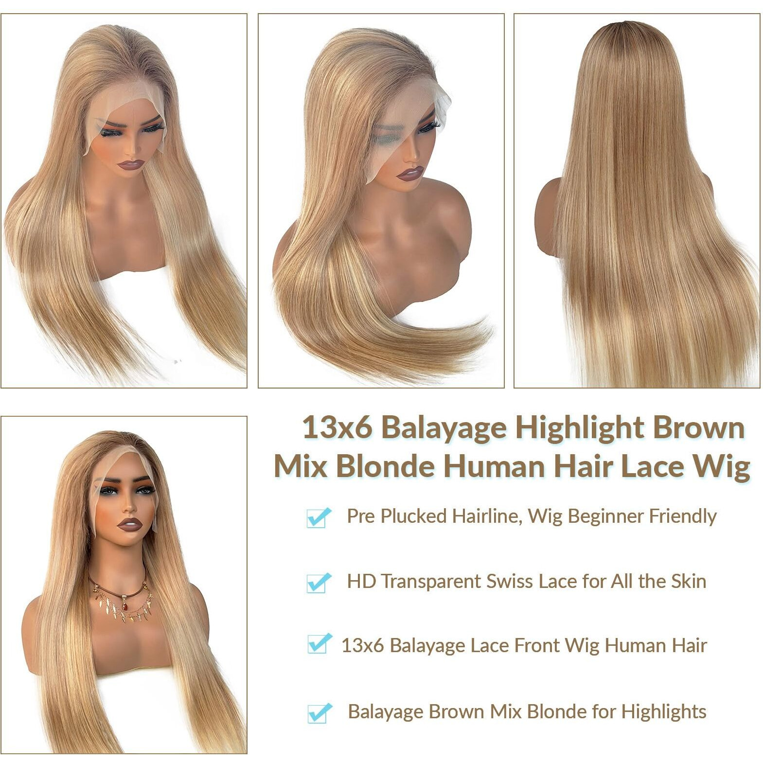 Brown Blonde Balayage Human Hair Wig 22 Inch 13X6 Hd Lace Front Ombre Highlight Wigs With Brown Roots Glueless 180% Density Pre Plucked Golden Brown To Blonde Highlights Wigs For White Women