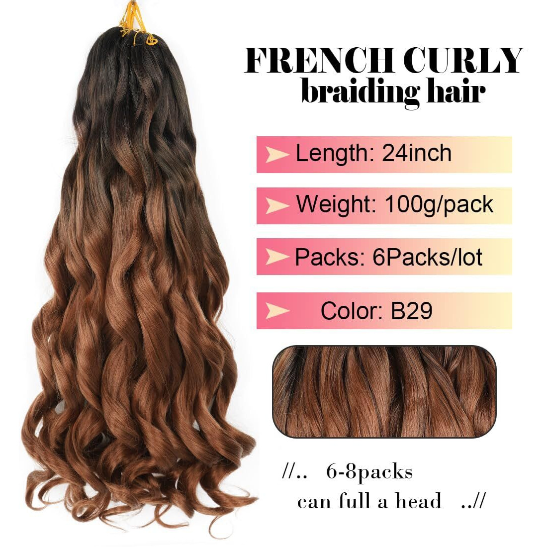 Wipporya French Curly Braiding Hair 24 Inch 6 Packs Black Wave Bouncy Crochet Hair Pre Stretched 100G/Pack Yaki Curly Hair For Black Women Hair Extensions (B29)