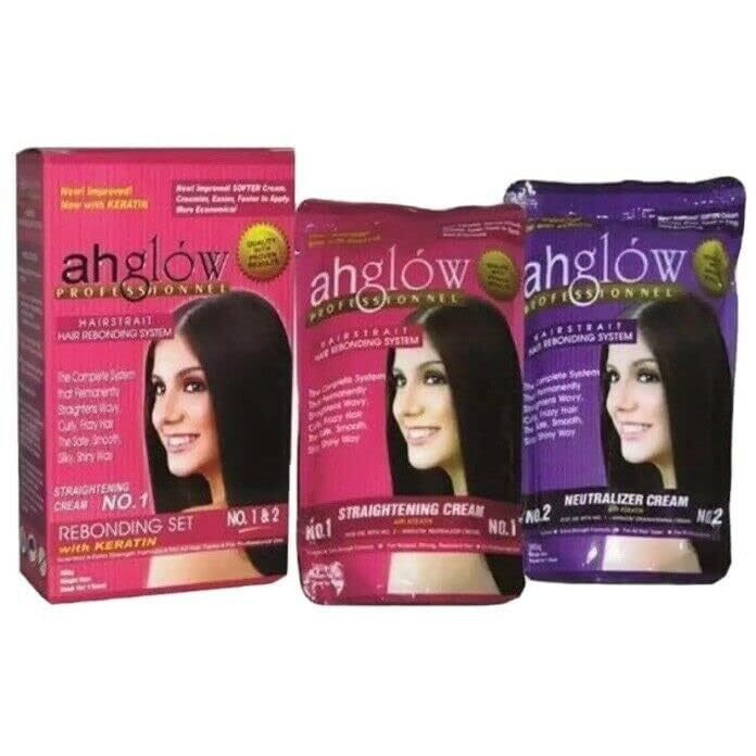 Ahglow Hair Straightening And Rebonding System With Keratin. Extra Strength Formula. The Complete System That Straightens Wavy  Curly  Frizzy Hair The Smooth  Silky  Shiny Way 165 Gram Pouches