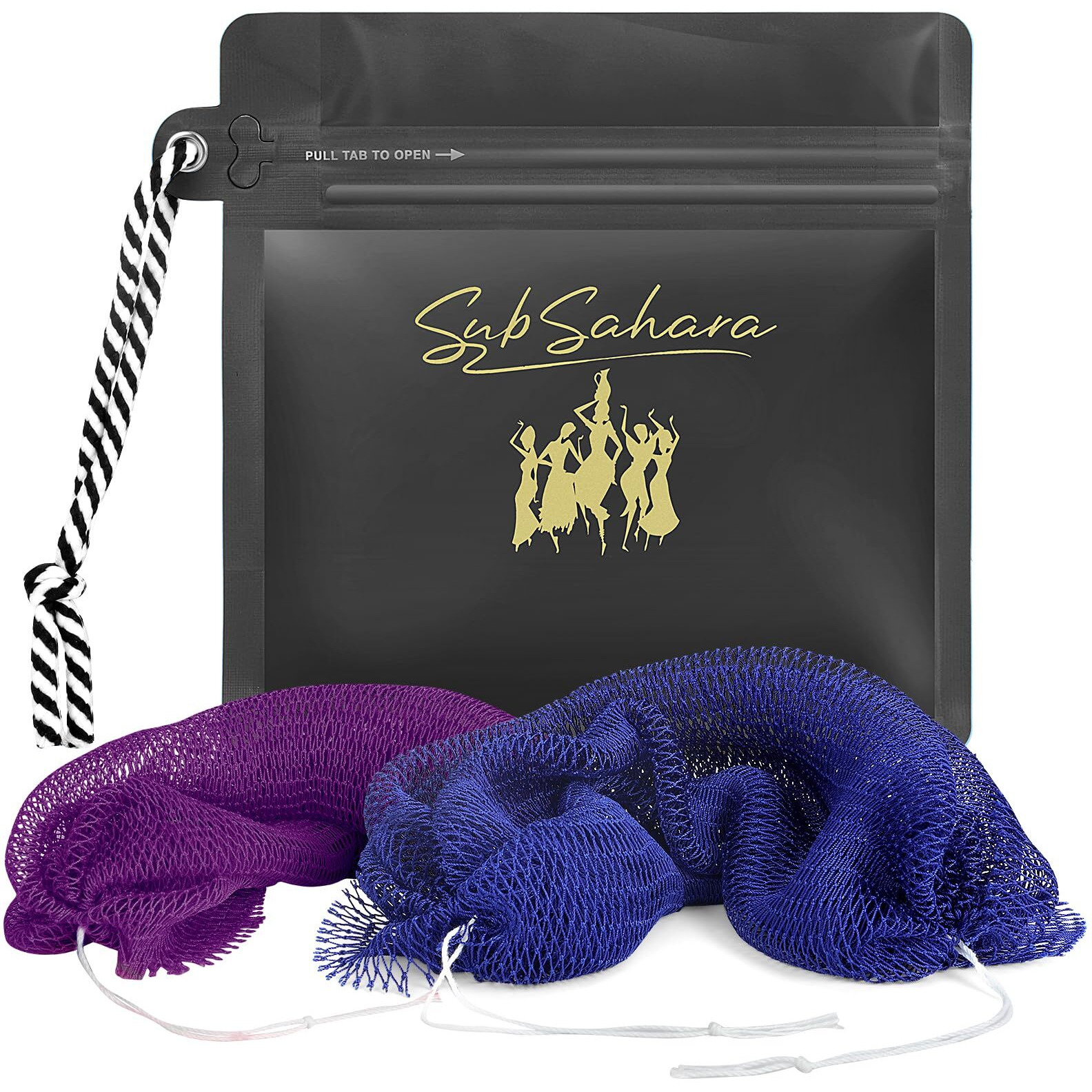 Subsahara African Net Sponge Authentic - 2 Pieces Exfoliating Scrubber For All Skin Types  Ideal For Face & Body Daily Use  Durable  Gentle Exfoliation (Blue & Purple)