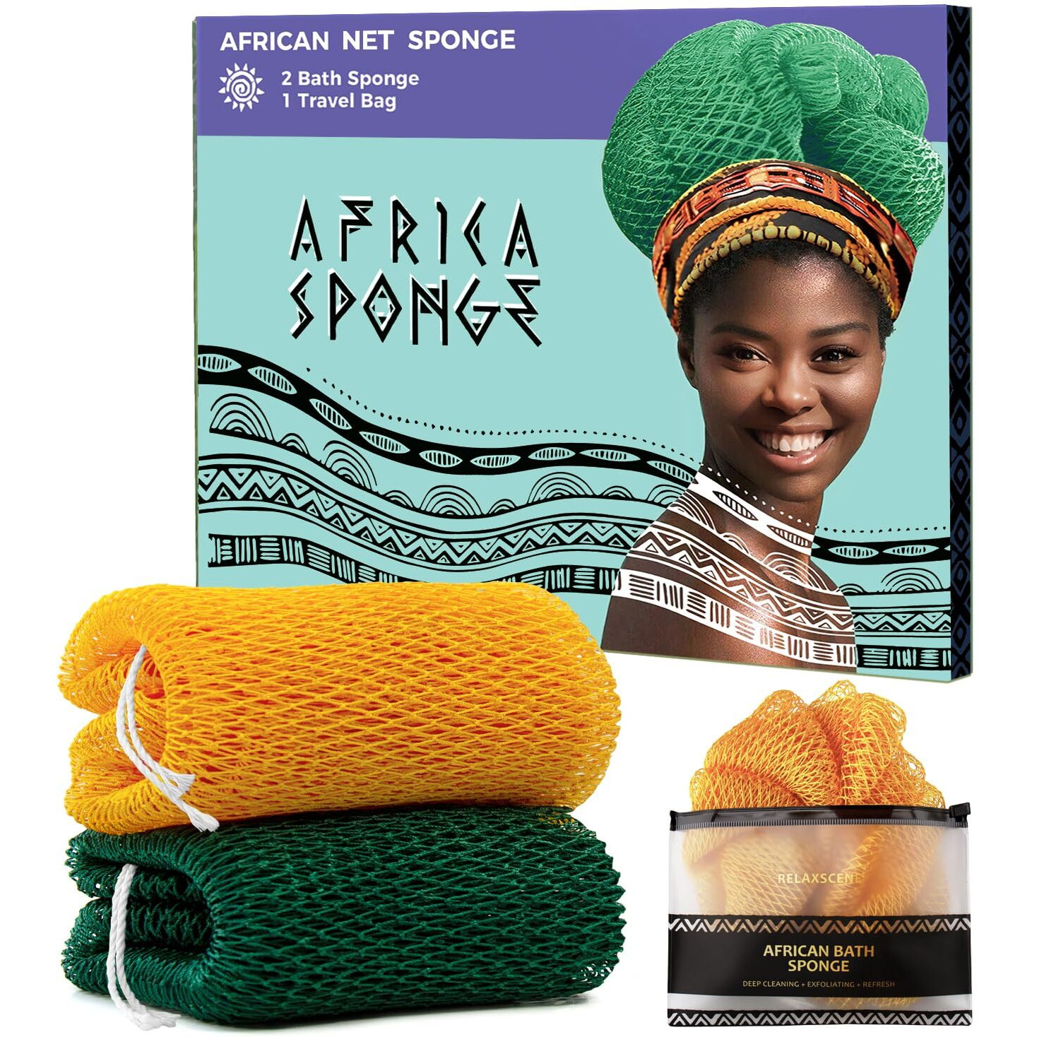 Afro Scrub African Net Sponge - 2 Pieces Authentic African Wash Cloths - Exfoliating Body Sponges For Showering Yellow & Forest - Back Scrubber Exfoliator Shower Loofah For Body Bath Accessories