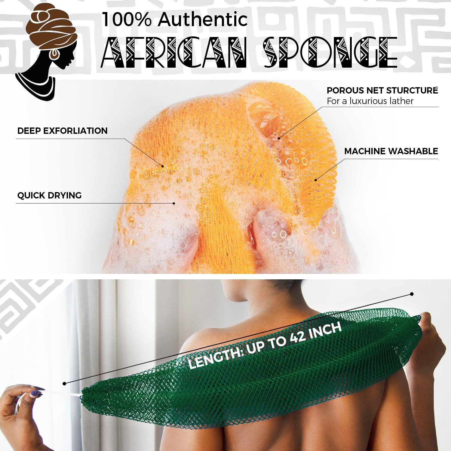 Afro Scrub African Net Sponge - 2 Pieces Authentic African Wash Cloths - Exfoliating Body Sponges For Showering Yellow & Forest - Back Scrubber Exfoliator Shower Loofah For Body Bath Accessories