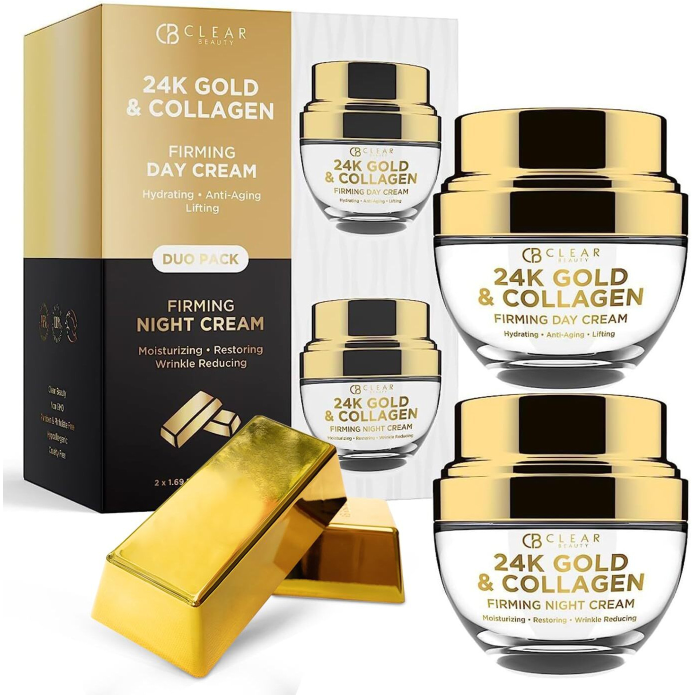 Clear Beauty 24K Gold & Collagen Day/Night Moisturizer Set - Dermatologist Tested  Hydrating  Anti-Aging Cream  Natural Ingredients  Cruelty Free Korean Skin Care  All Skin Types - Value Pack
