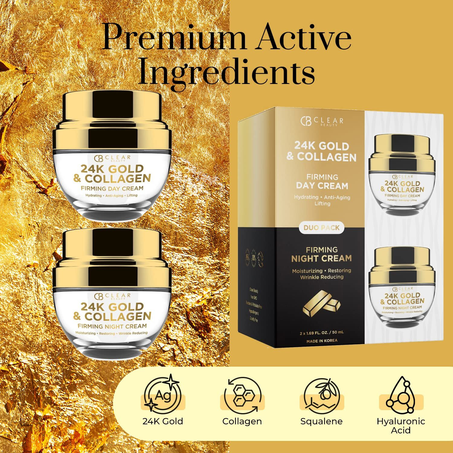 Clear Beauty 24K Gold & Collagen Day/Night Moisturizer Set - Dermatologist Tested  Hydrating  Anti-Aging Cream  Natural Ingredients  Cruelty Free Korean Skin Care  All Skin Types - Value Pack