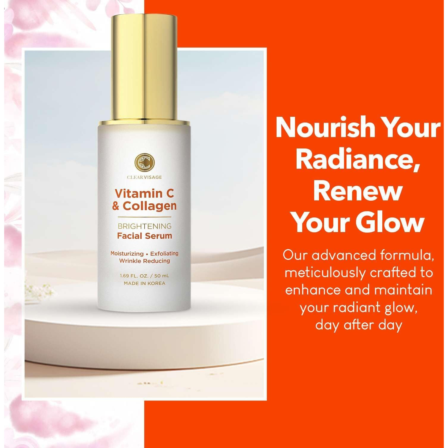 Clear Visage Vitamin C & Collagen Serum - Illuminating Anti-Aging  Luminous Complexion  Brightens Skin - Dermatologist Tested  Korean Skin Care  Cruelty Free  Natural Ingredients - 1.69 Fl. Oz
