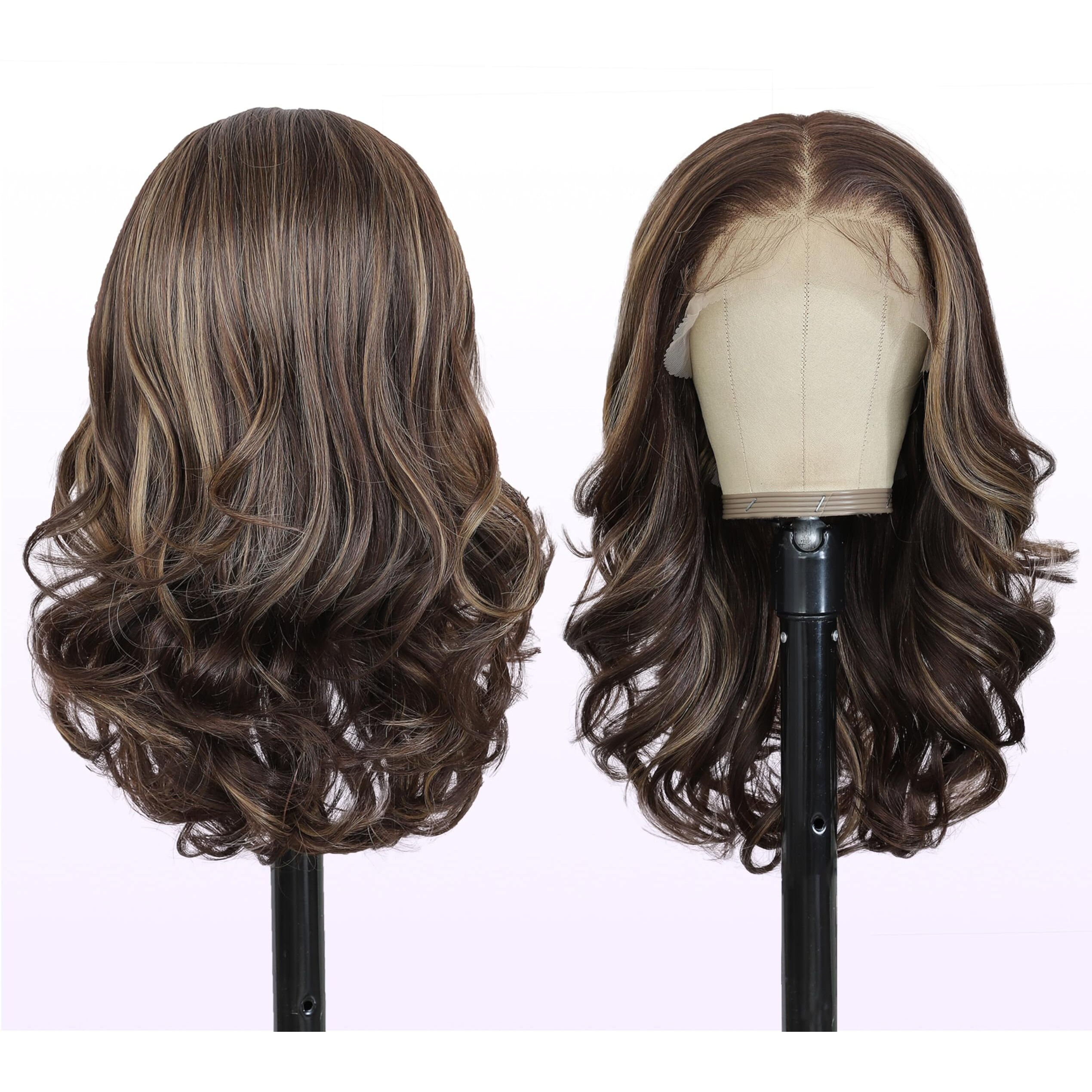 Sisgrace 136 Pre Plucked Hd Lace Front Wigs Pre Layered Body Wave Natural Hairline Synthetic Glueless Wigs For Women 18 Inch Tiny Knots Lace Bob Wigs (Brown Mix Dark Blond  18 Inches)