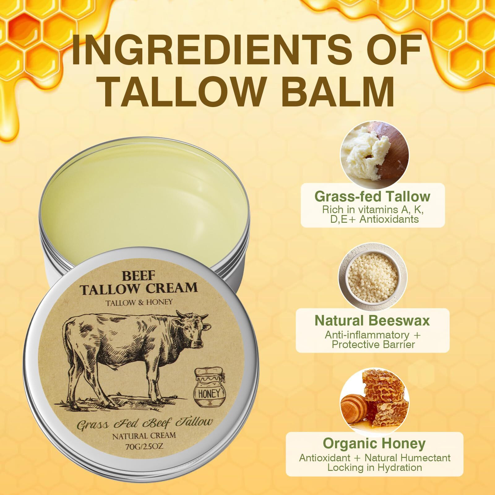 Mrouvik Beef Tallow For Skin  Tallow And Honey Balm Tallow Face Moisturizer  Natural Organic Grass-Fed Beef Tallow Balm With Raw Honey Moisturizing Cream For Body Lotion Skin Care